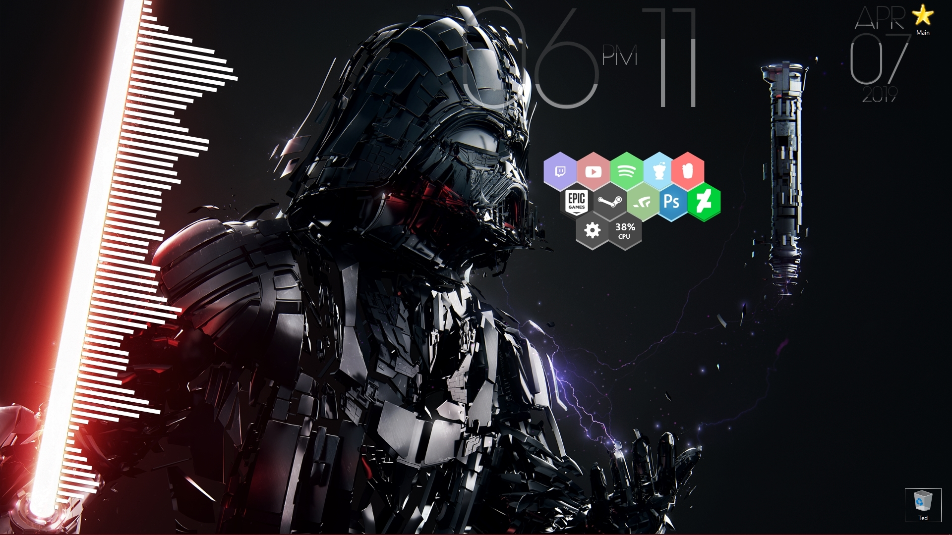 Wallpaper Engine + Rainmeter = Greatness. Darth Vader Wallpaper from Wallpaper Engine, Monstercat Audio Visulizer, Honeycomb for the icons. L1MIT for the time and date. (Links in comments)