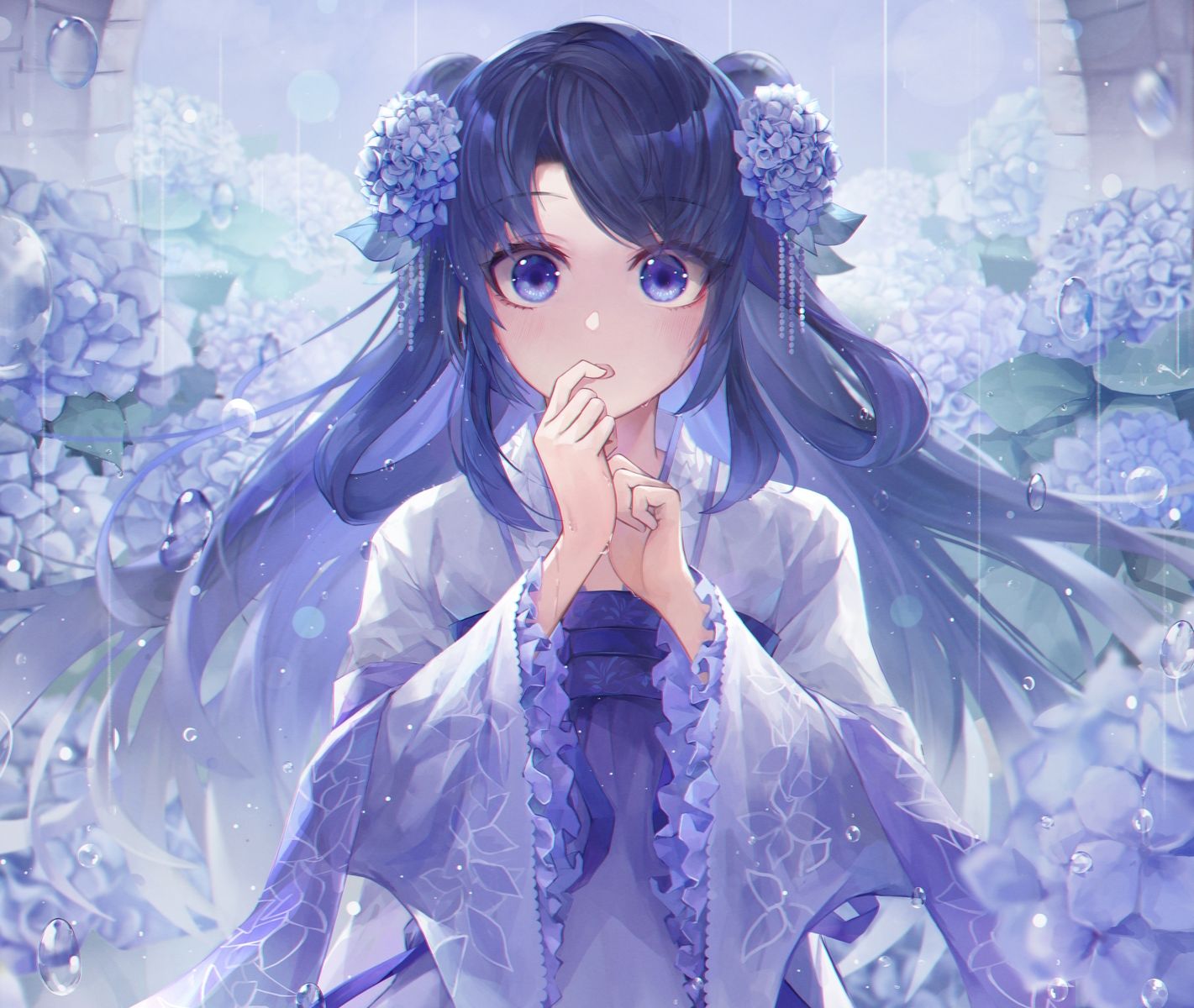 black hair blue eyes blush cropped crystalherb flowers long hair original rain water. konachan.com.com Anime Wallpaper