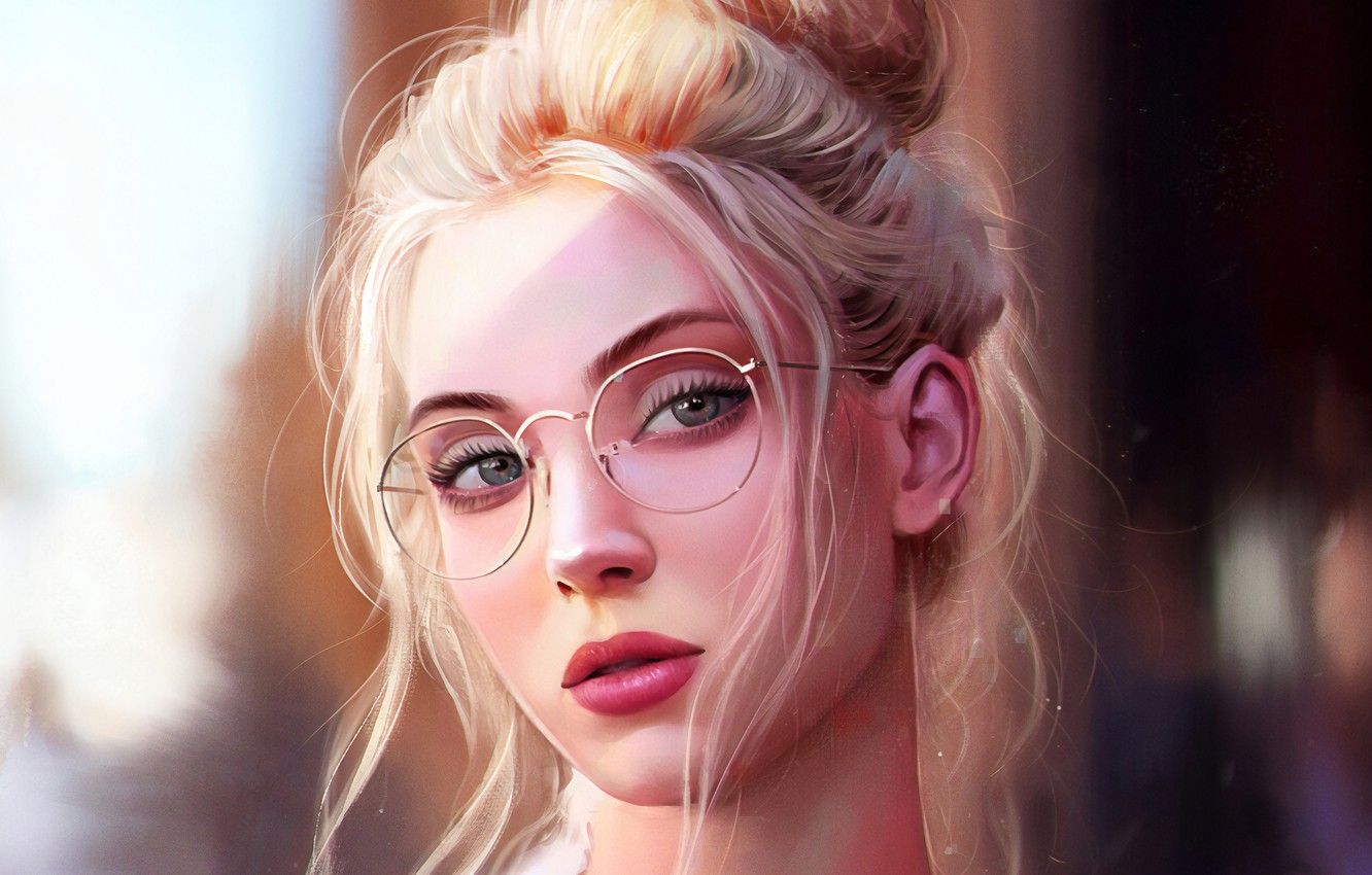 Wallpaper Girl, art, blue eyes, bokeh, lips, face, blonde, digital art, glasses, artwork, mouth, close up, lipstick, collected hair image for desktop, section арт