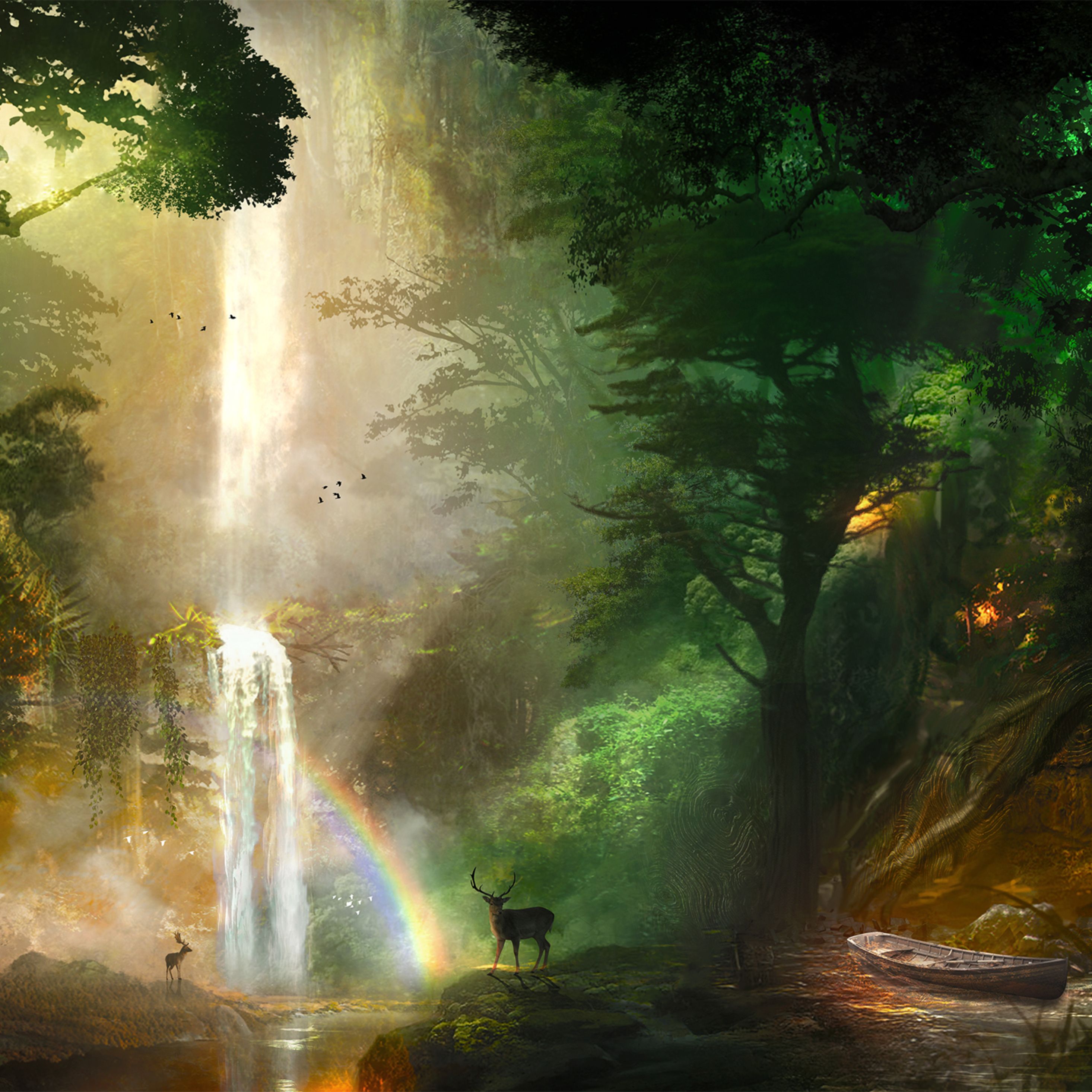 Jungle Deer Boat Forest Landscape Nature Artwork iPad Pro Retina Display HD 4k Wallpaper, Image, Background, Photo and Picture