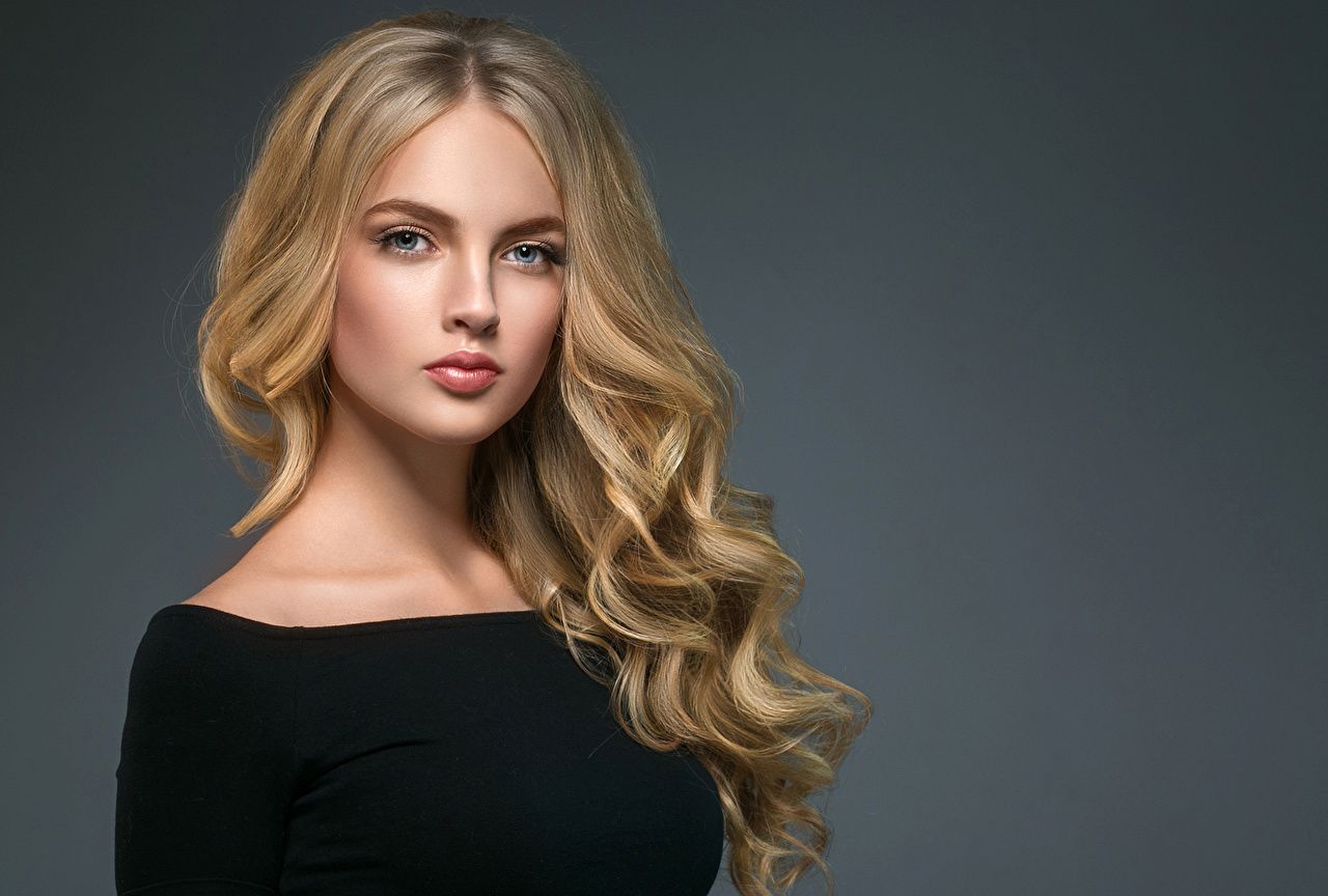 Wallpaper Blonde girl Beautiful Hair Girls Staring Gray background