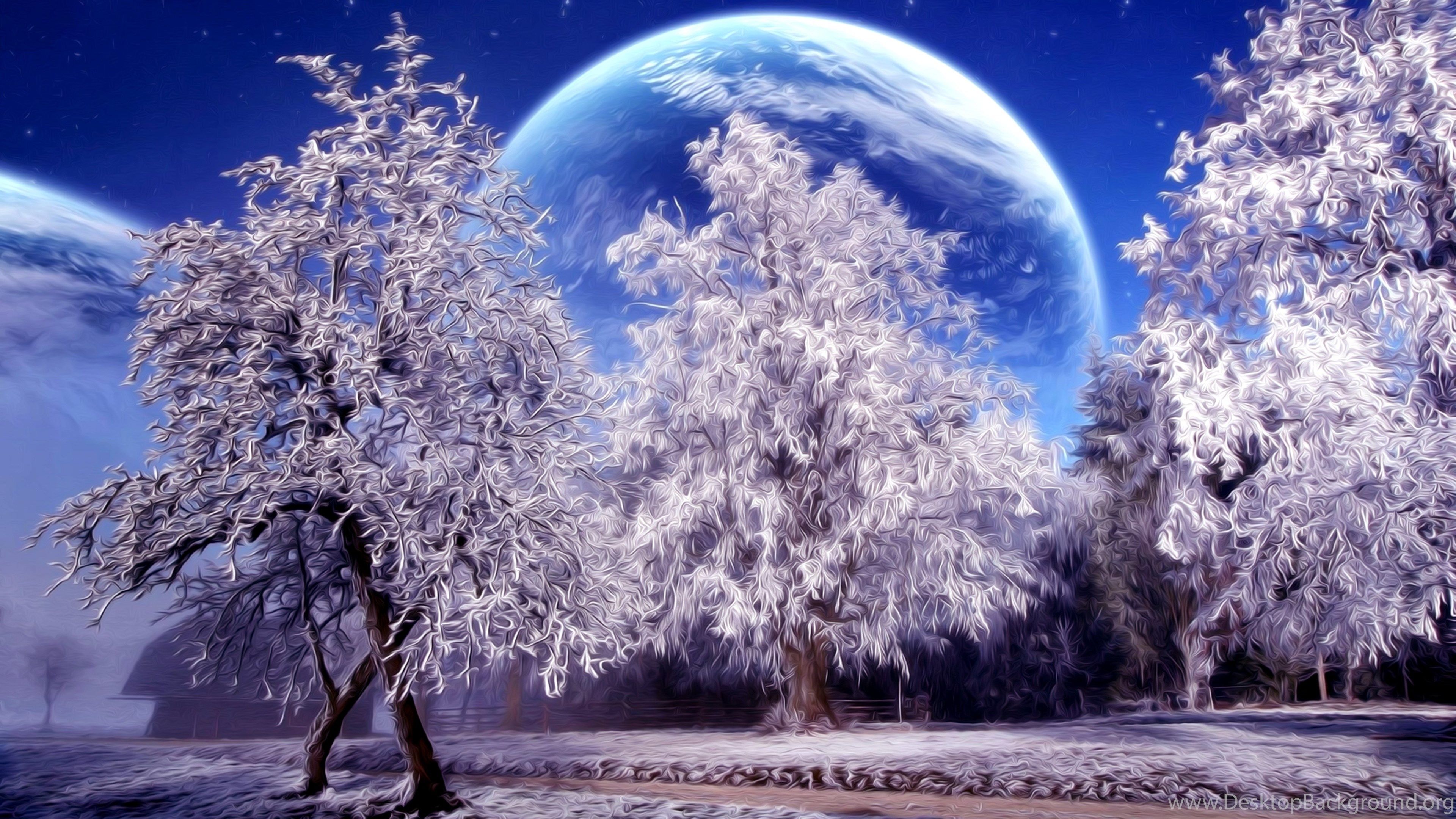 Artistic Winter Wallpaper White Trees And Big Moon Desktop Background