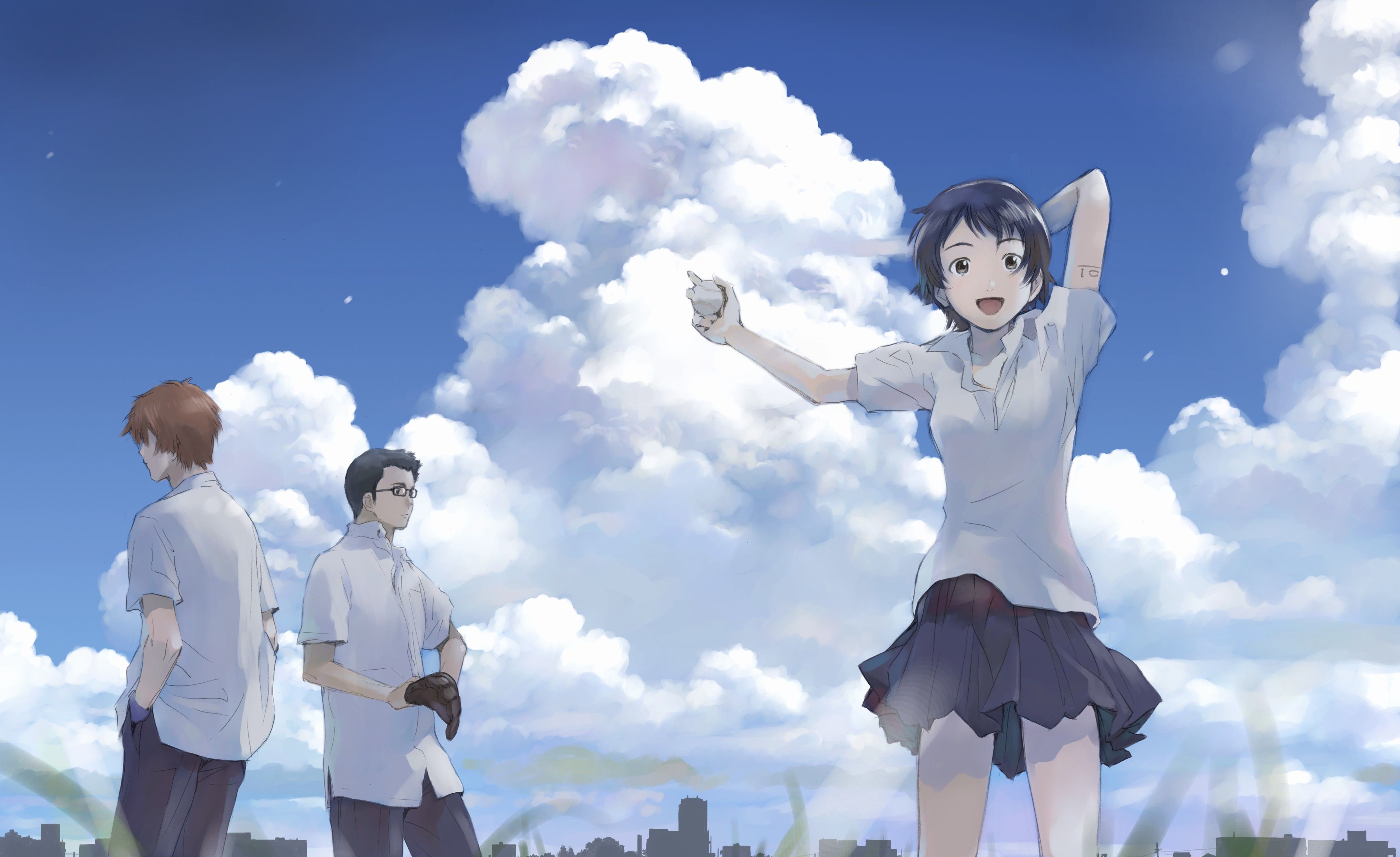 clouds, skirts, glasses, The Girl Who Leapt Through Time, baseball, Konno Makoto, Chiaki Mamiya, anime girls, sky, Toki wo Kakeru Shoujo, Kousuke Tsuda wallpaper