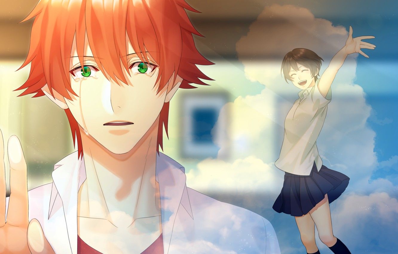 Wallpaper look, girl, red, guy, tears, The girl who conquered time, The Girl Who Leapt Through Time, Toki wo Kakeru Shoujo image for desktop, section сёдзё