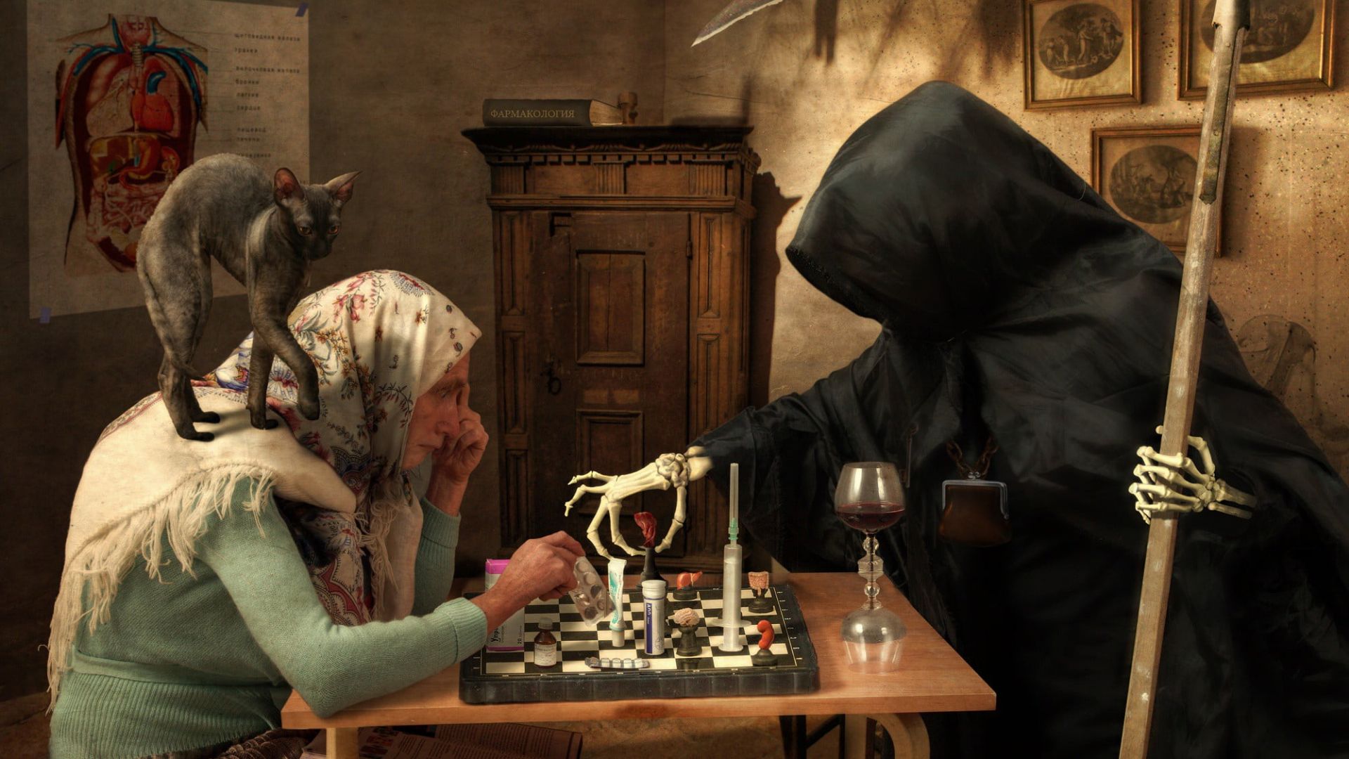 Woman and Grim Reaper playing chess wallpaper wallpaperx1080