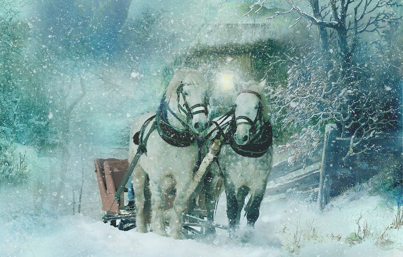 Wallpaper winter, snow, horses, texture, horse, art, sleigh image for desktop, section живопись