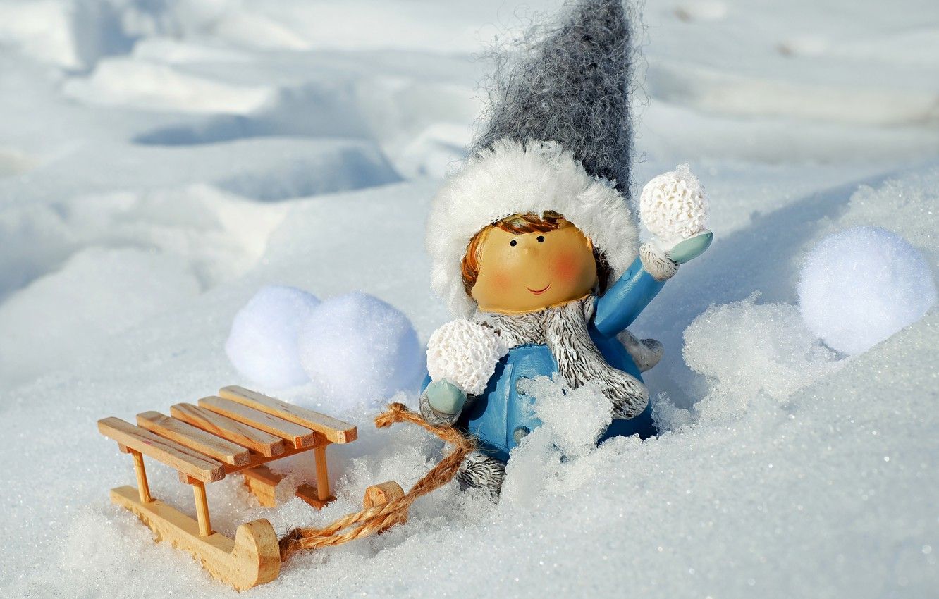 Wallpaper photo, Winter, Snow, Toy, Hat, Girl, Sleigh image for desktop, section настроения