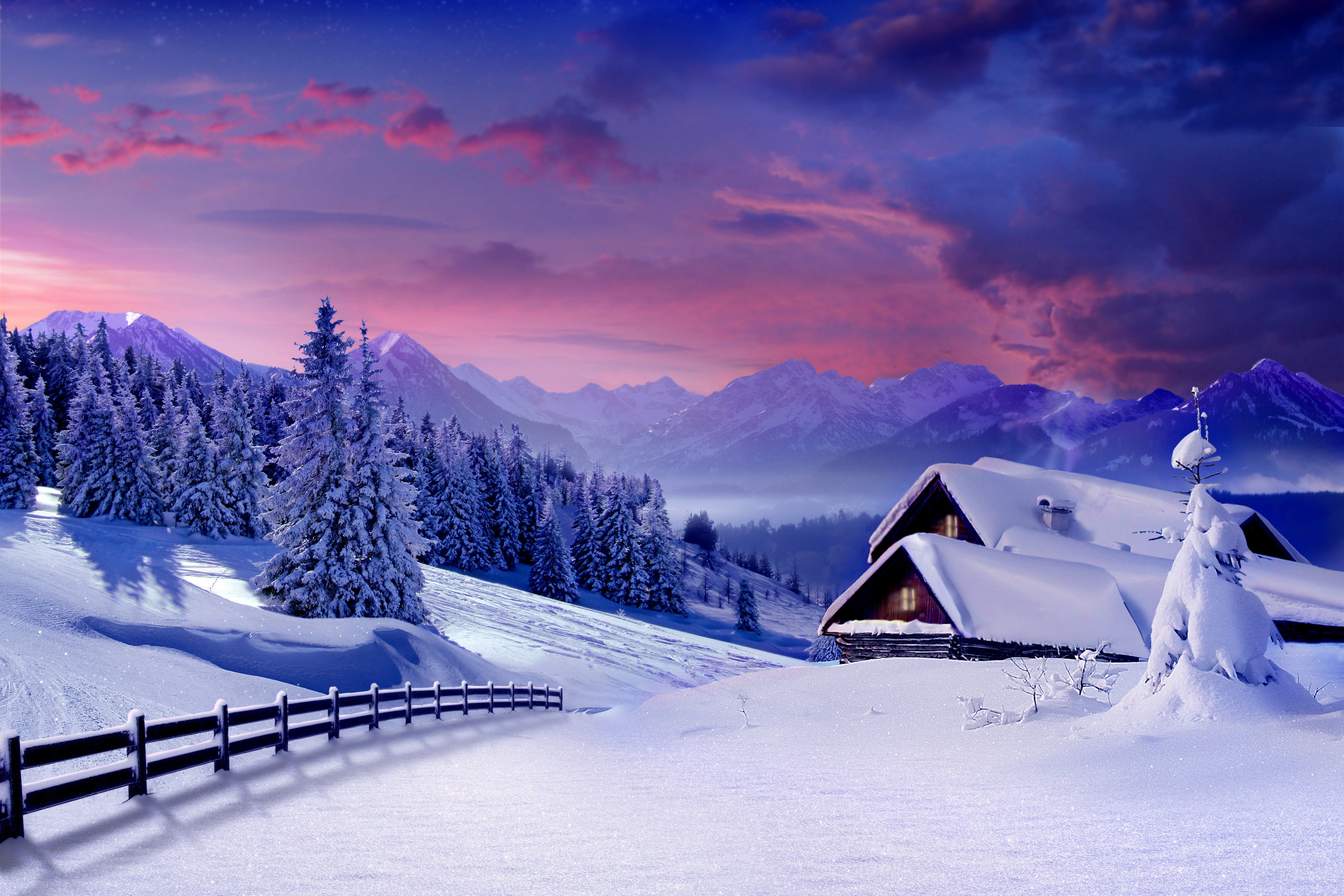 Nature hut forest snow winter trees cabin wallpaperx4400