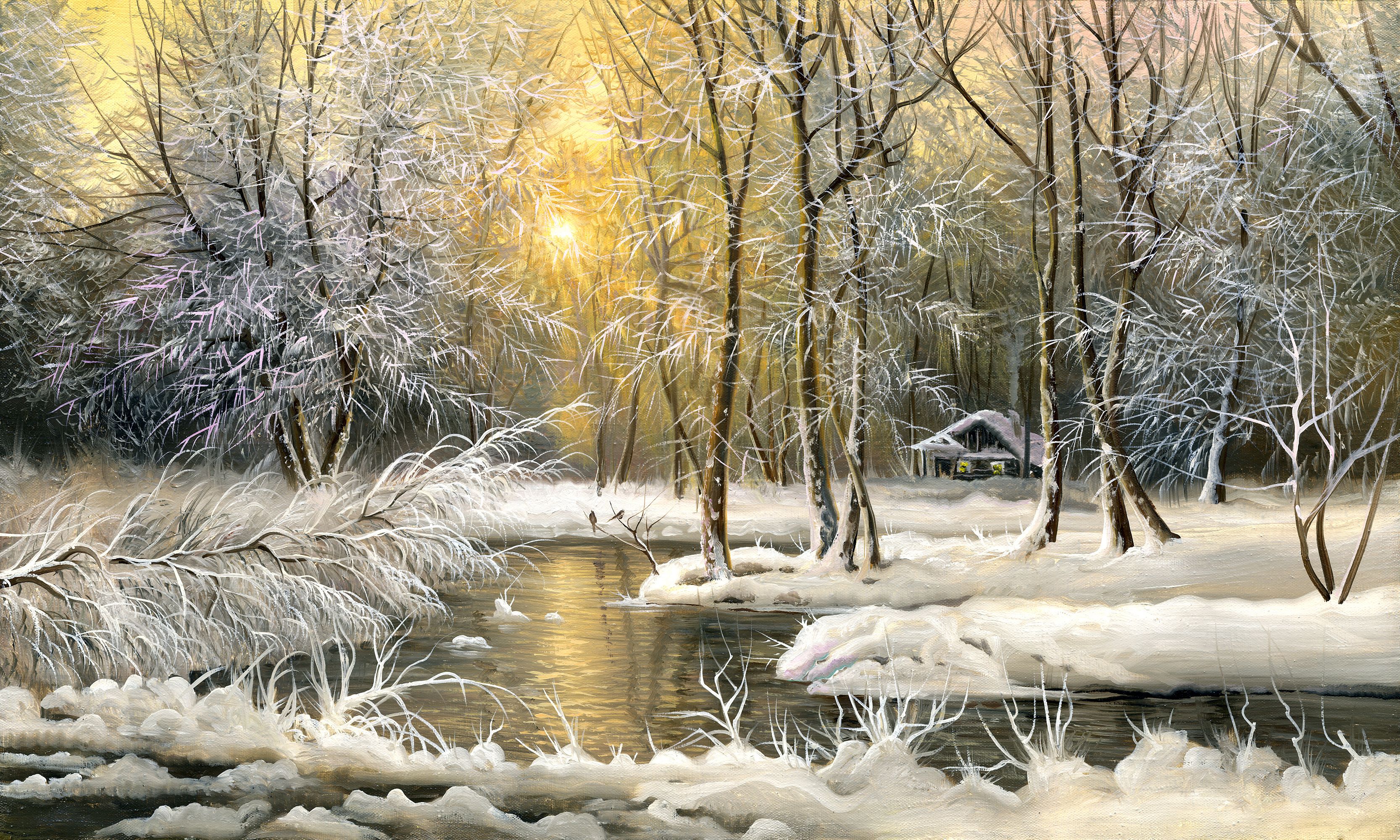 Painting oil winter snow trees cold house wallpaperx2000