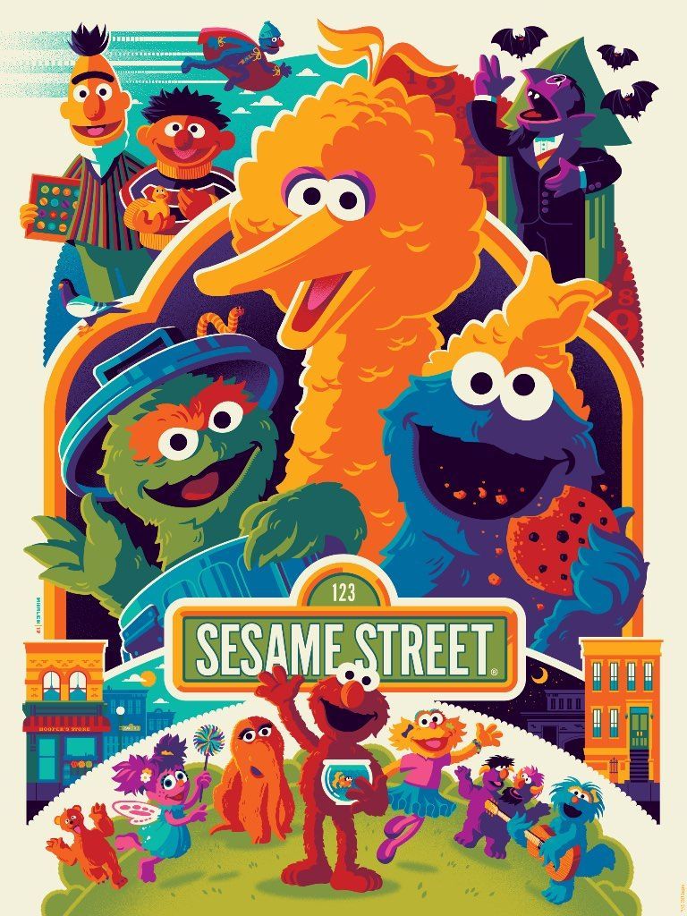 Sesame Street Poster by Tom Whalen for Dark Hall Mansion. Sesame street, Elmo wallpaper, Tom whalen