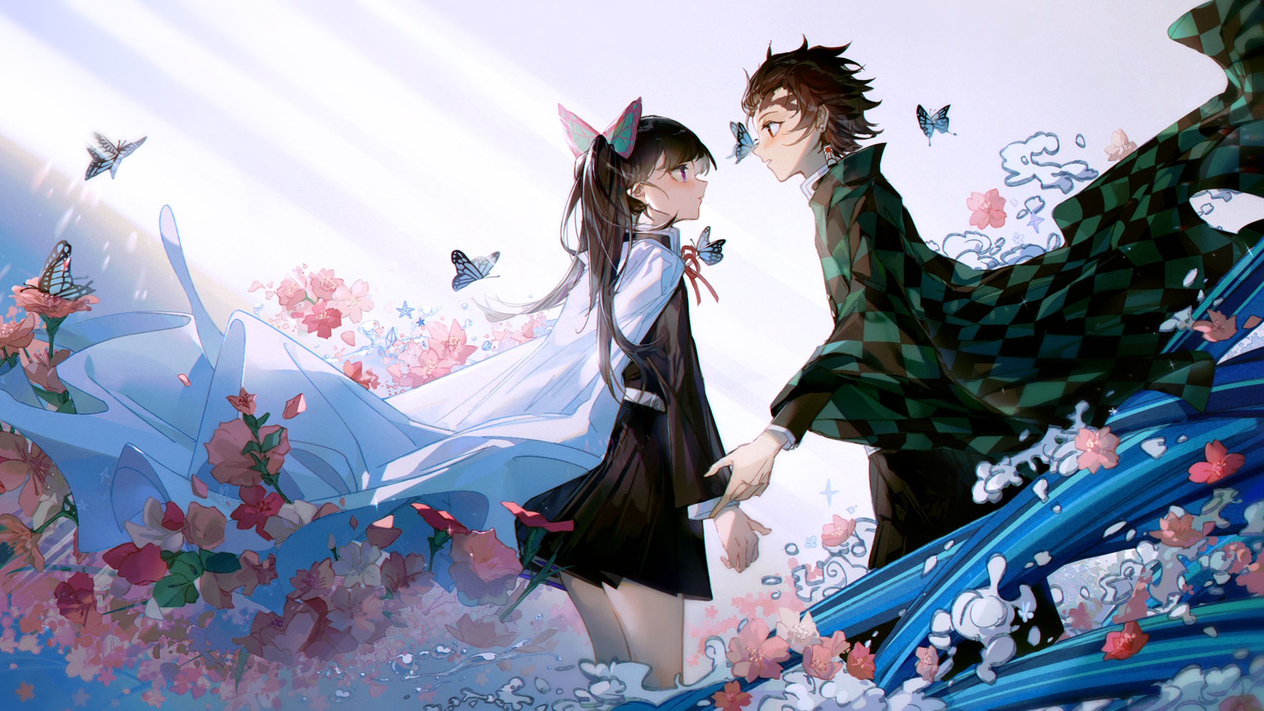 Demon Slayer Kanao Tsuyuri Tanjirou Kamado Standing Around Flowers And Butterflies HD Anime Wallpaper