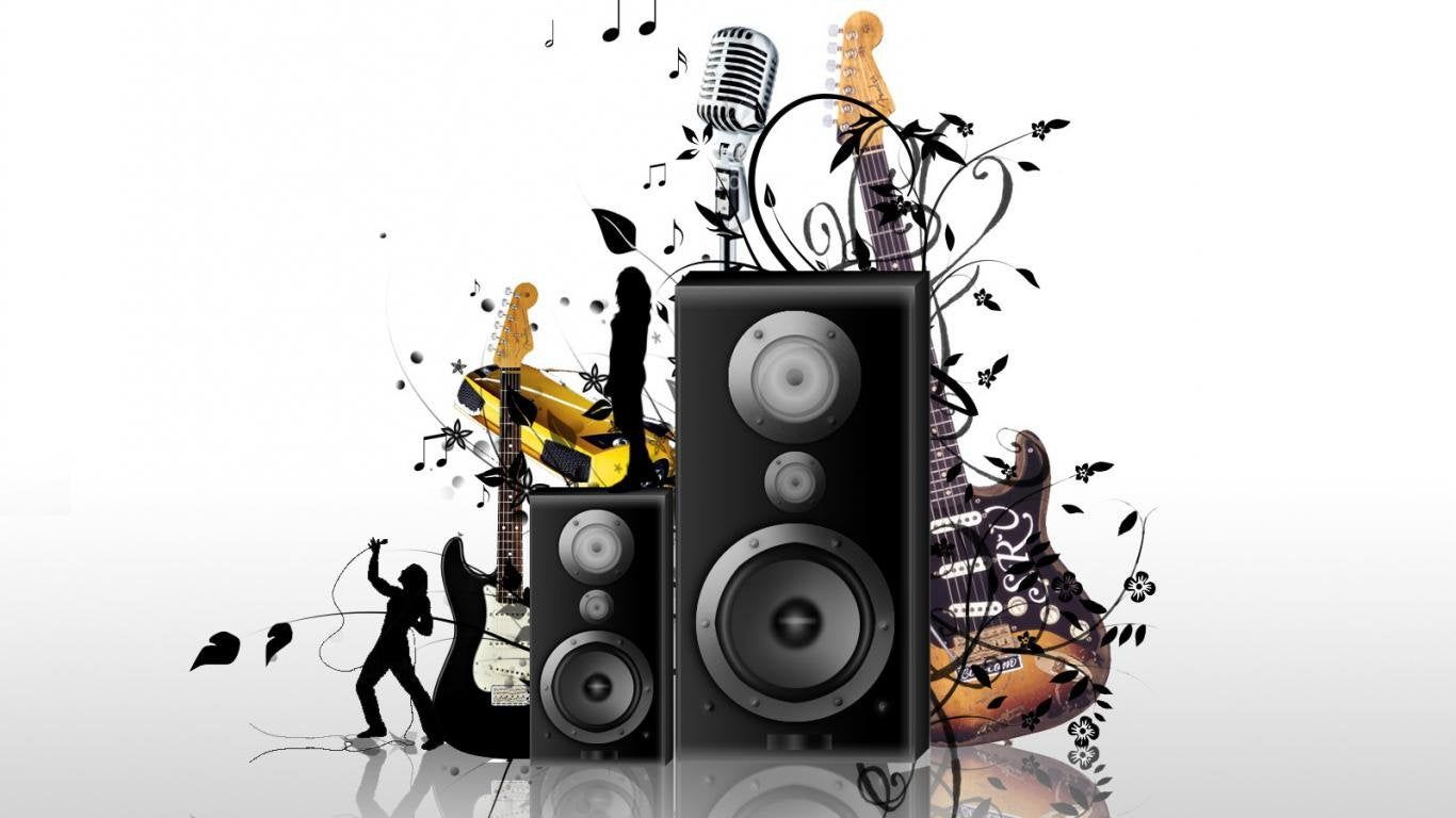 Musical notes Hifi Equipment Electric Guitar instruments standing with microphone Abstract HD Wallpaper (1366 x 768)
