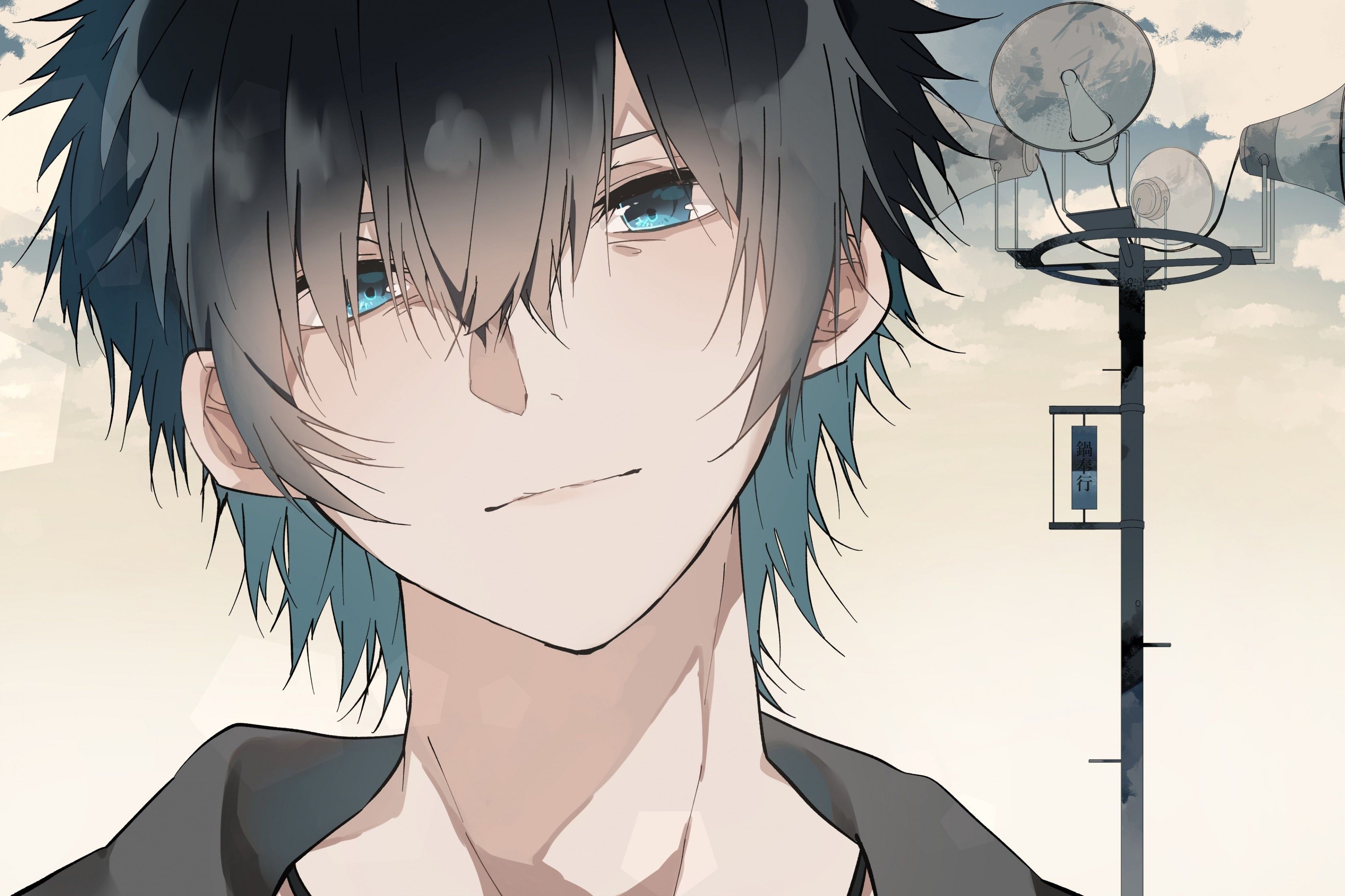 Download 3360x2240 Anime Boy, Pole, Blue Eyes, Close Up, Clouds Wallpaper. Anime, Digital Art Anime, Manga Boy