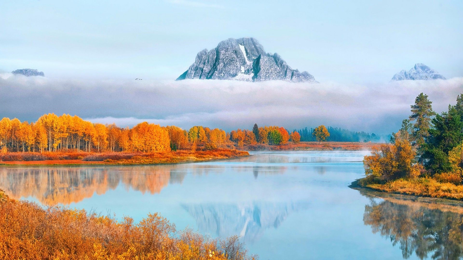 nature, Landscape, Water, Lake, Reflection, Mountain, Trees, Clouds, Snow, Mist, Fall Wallpaper HD / Desktop and Mobile Background