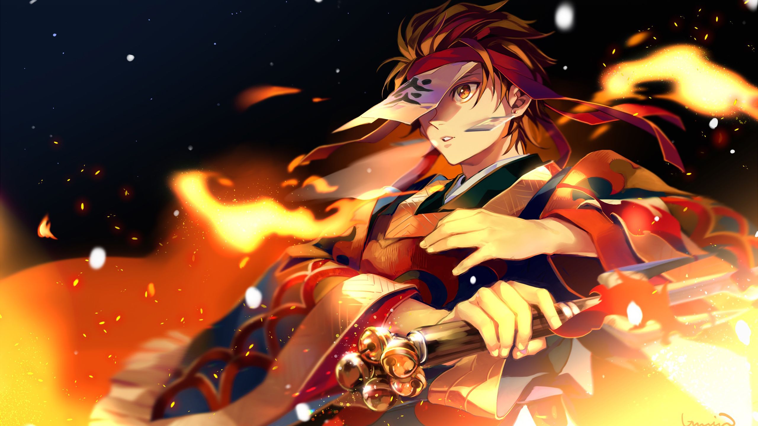 Demon Slayer Tanjiro Kamado With Sword With Black Background And Sparks HD Anime Wallpaper