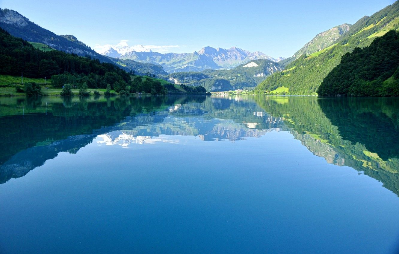 Wallpaper forest, the sky, trees, mountains, reflection, tops, Switzerland, Alps, Bank, lake Lungern image for desktop, section природа