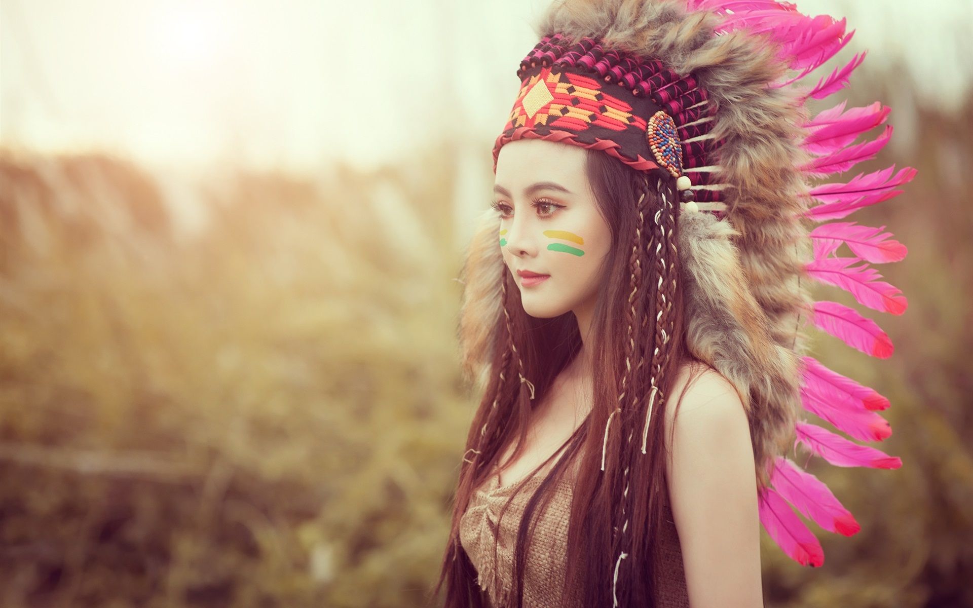 Wallpaper Beautiful Asian girl, Indian style, feathers 1920x1200 HD Picture, Image