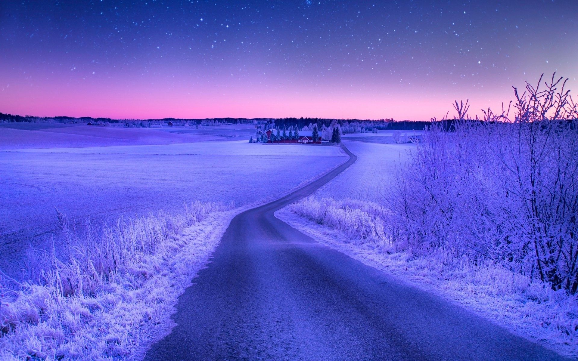 Landscape Nature Road Winter Snow Field Stars Evening Sunset In Snow Wallpaper & Background Download
