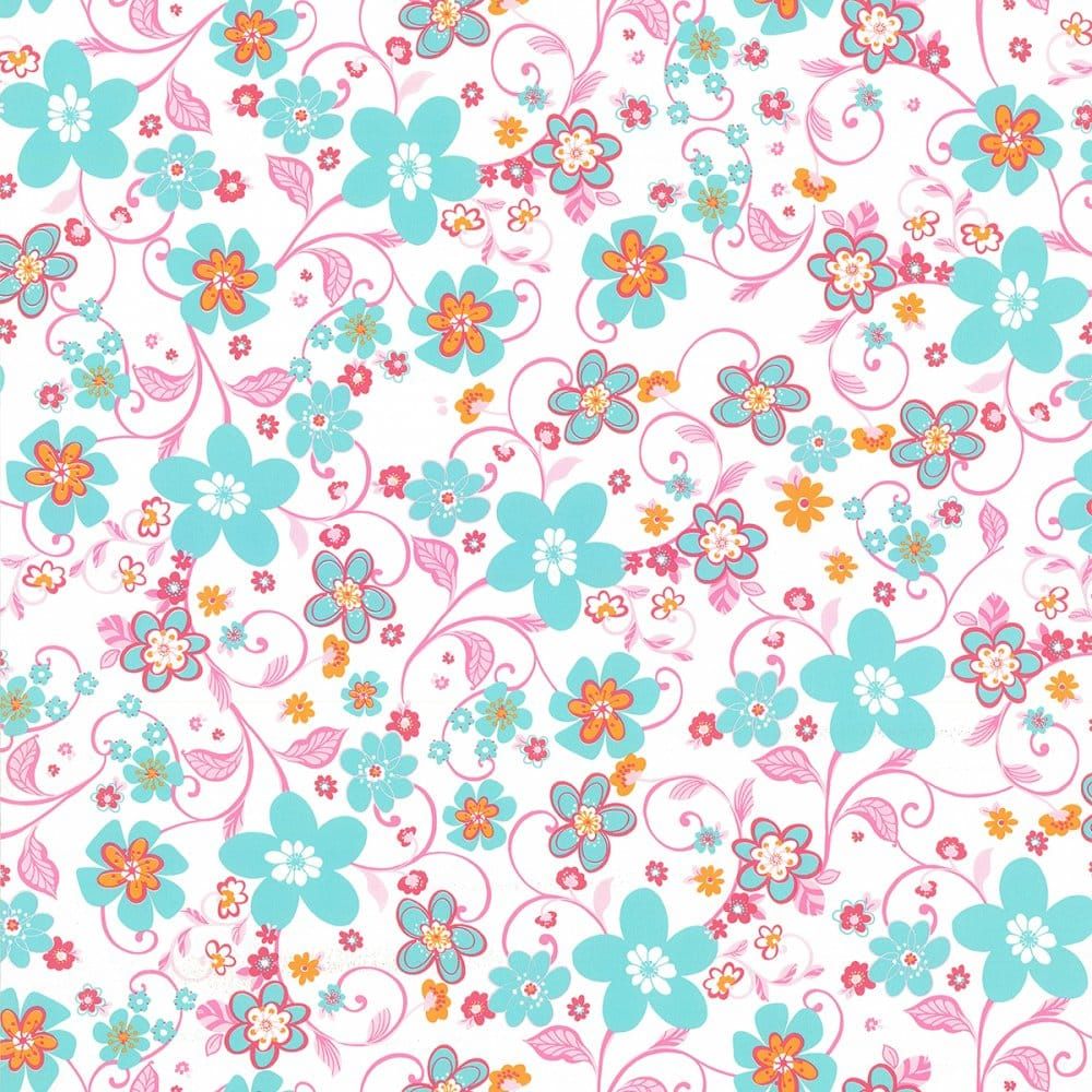 Caselio Flower Power Floral Wallpaper White / Aqua / Pink / from I Love Wallpaper UK