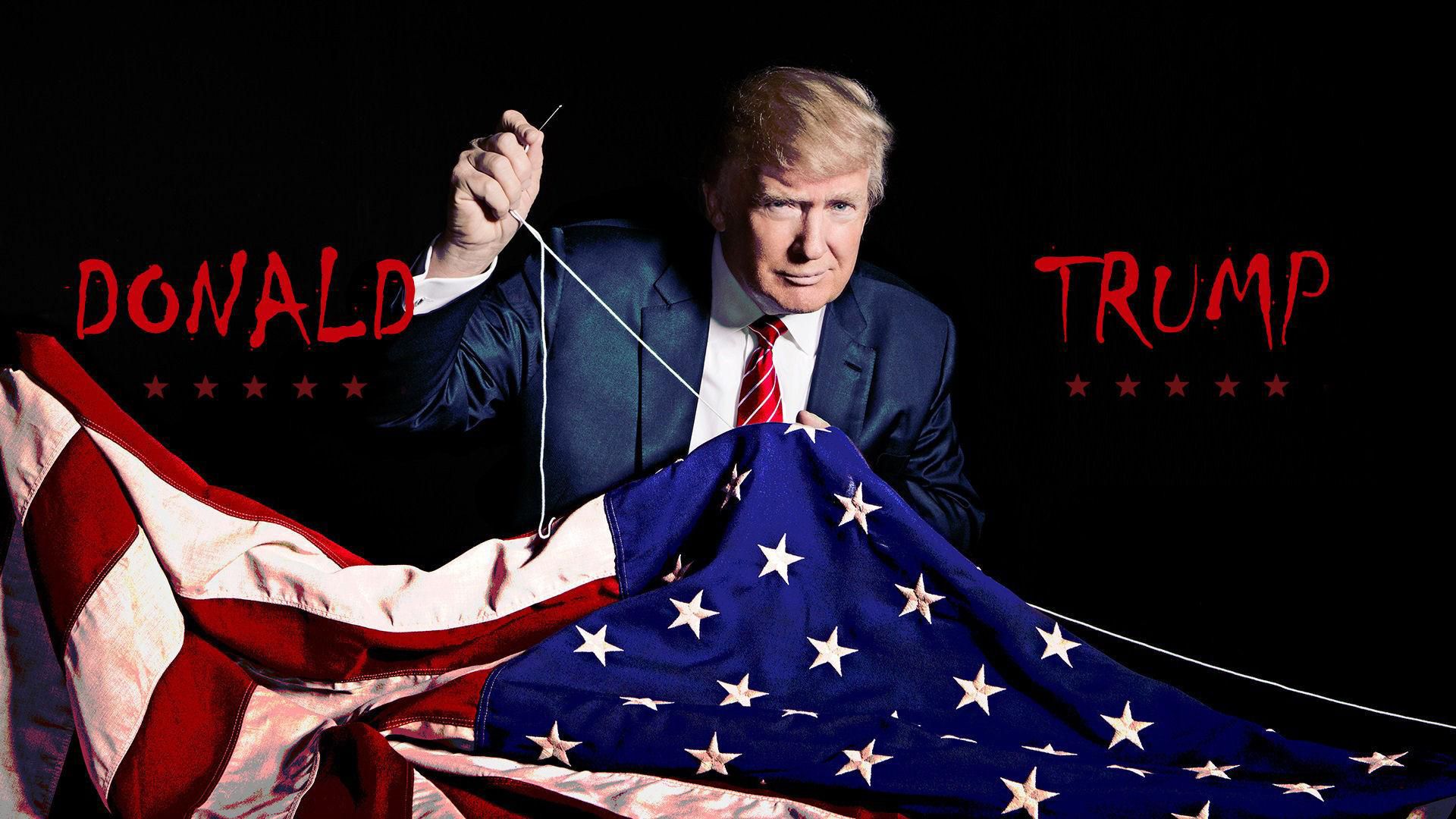 donald trump in holding us flag with needle thread in black background HD celebrities Wallpaper