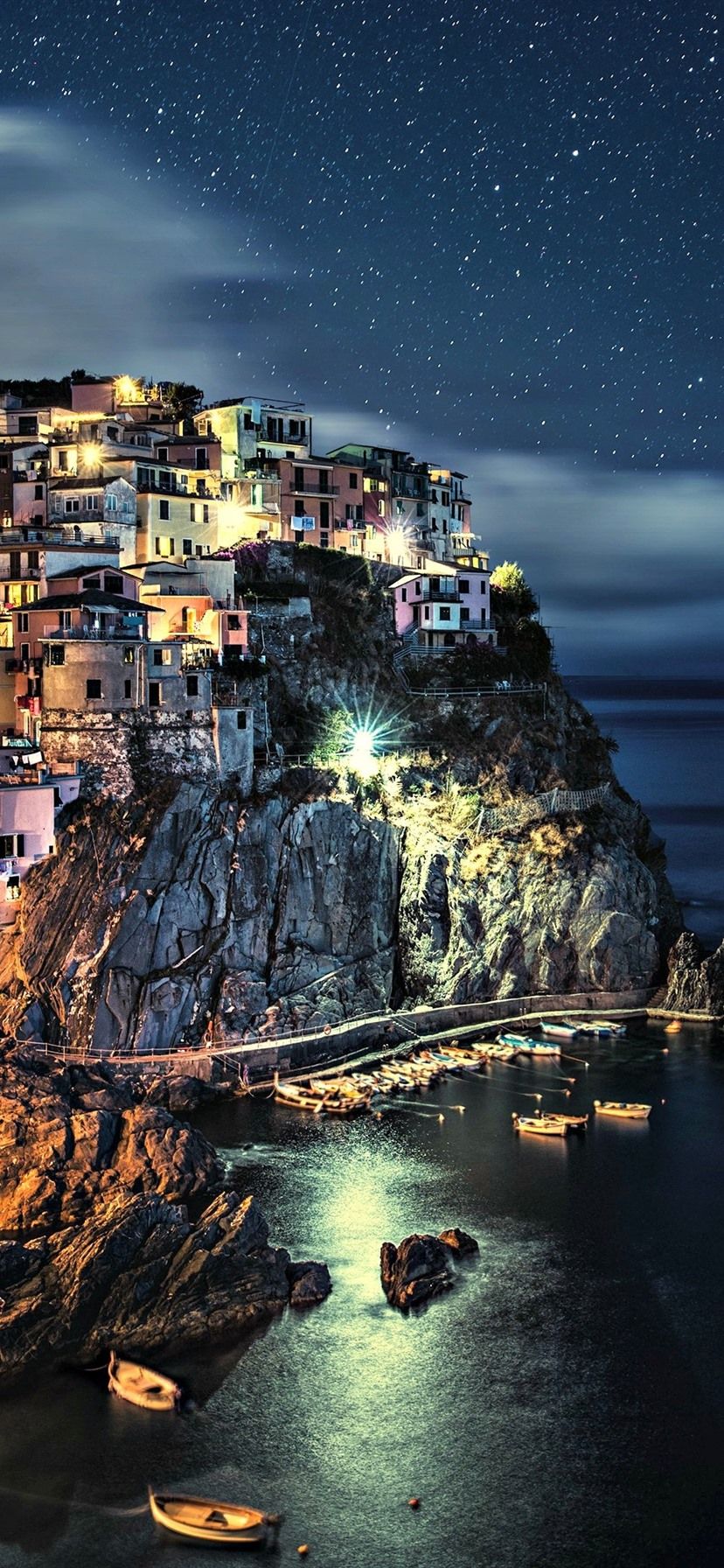 Italy, Cinque Terre, Coast, Houses, Sea, Starry, Beautiful Night 1080x1920 IPhone 8 7 6 6S Plus Wallpaper, Background, Picture, Image