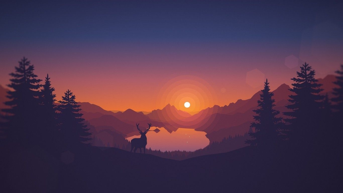Download 1366x768 Minimalism, Scenic, Toon Colors, Deer, Sun, Forest, Trees, Mountain Wallpaper for Laptop, Notebook
