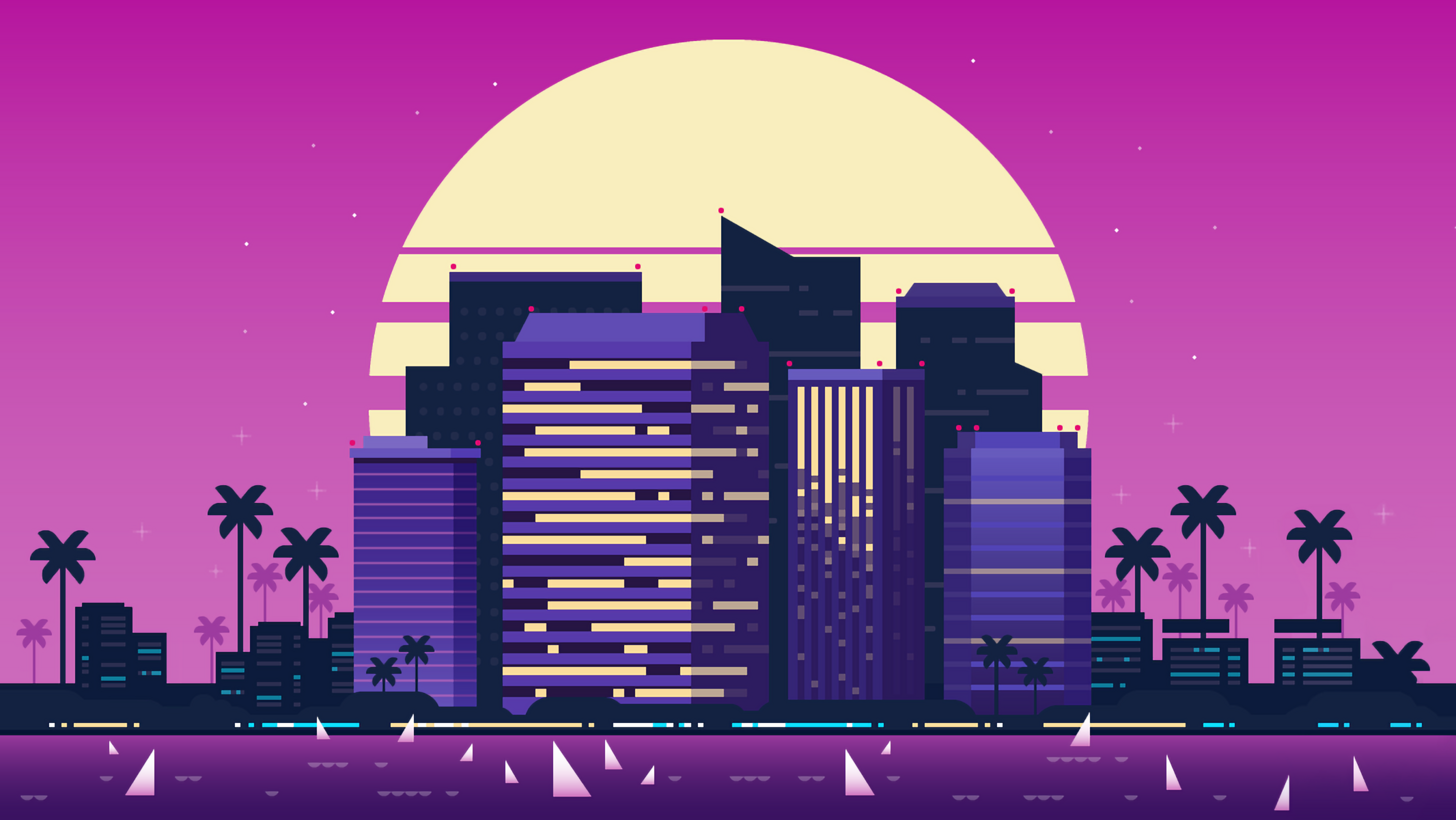 Pixel Bay (Scott Tusk). Retro art, Synthwave, Purple background