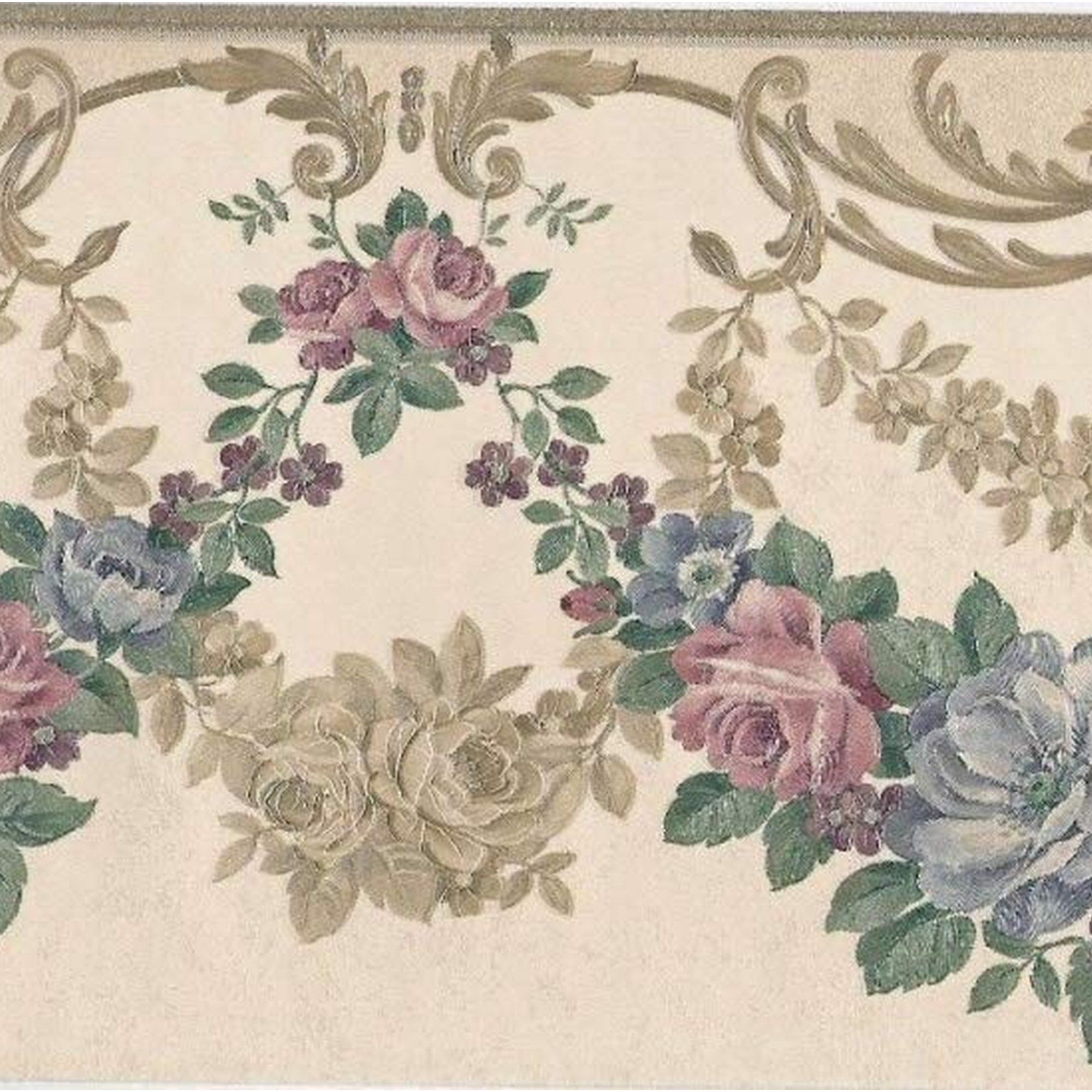 Prepasted Wallpaper Border Green, Pink, Gold, Blue Roses Garlands, Crown Molding Wall Border Retro Design, 15 ft x 7 in (4.57m x 17.78cm)