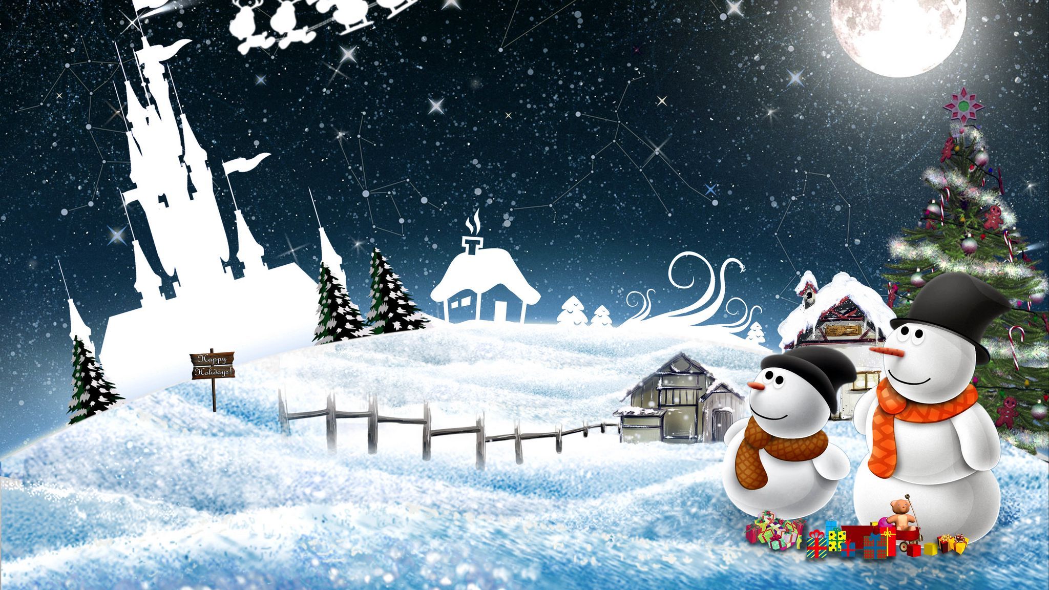 Download wallpaper 2048x1152 new year, snowmen, night, greeting, holiday, christmas ultrawide monitor HD background