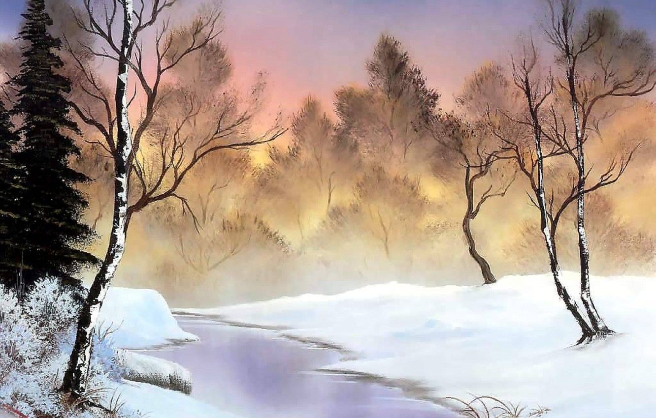 Wallpaper winter, forest, snow, trees, lights, dawn, shore, ice, picture, morning, painting, the bushes, Bob Ross, winter stillness image for desktop, section живопись