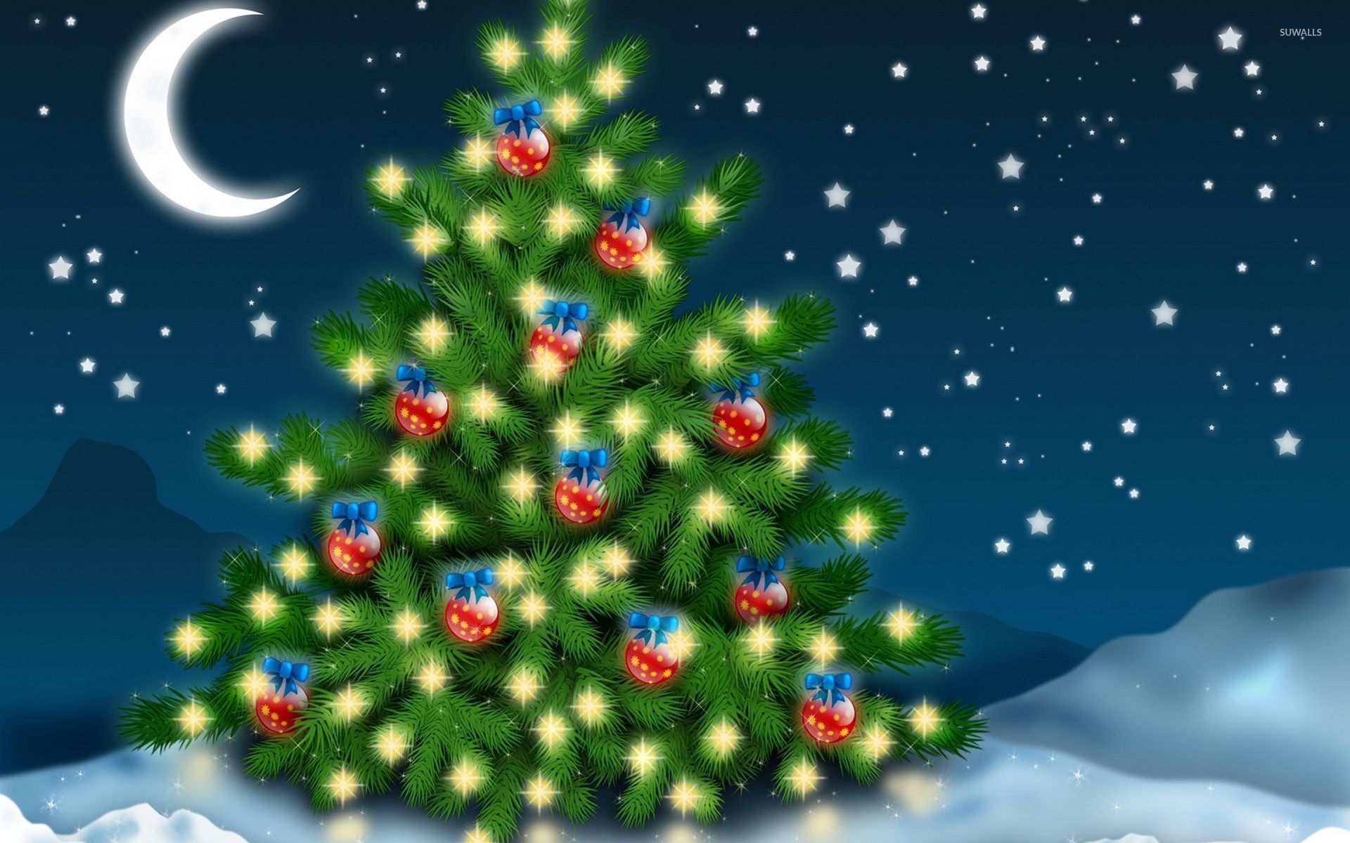 Red baubles with blue bows in the Christmas tree wallpaper wallpaper