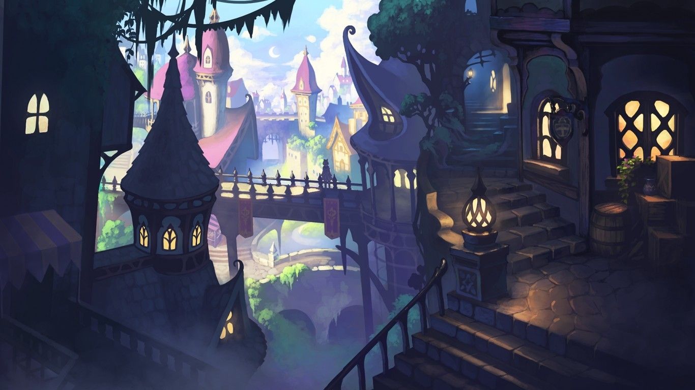 Download 1366x768 Fantasy Cityscape, Buildings, Toon Colors, Castle, Stairs Wallpaper for Laptop, Notebook