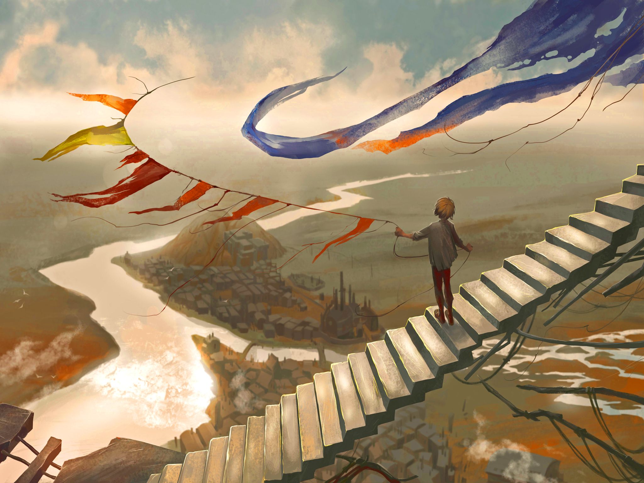 fantasy, valley, video game, stairs, flags, bot wallpaper