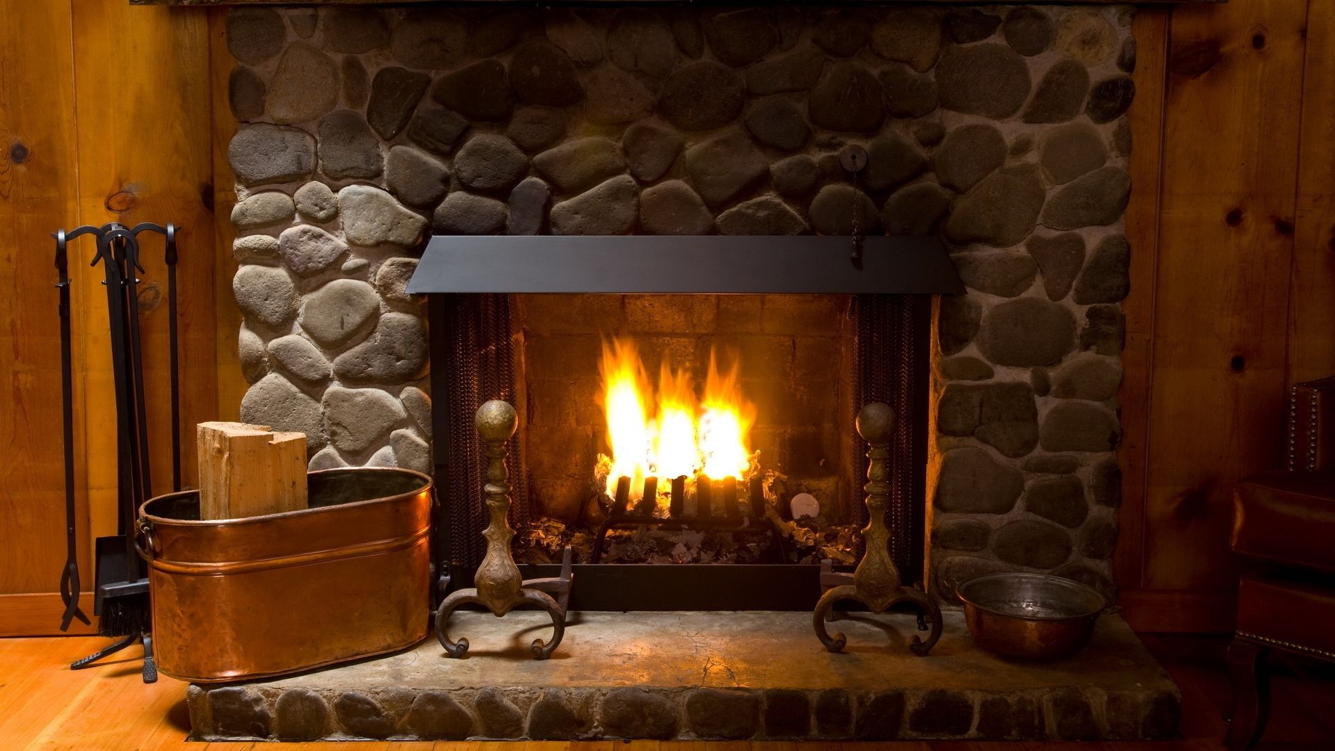 Download Wallpaper 1920x1080 fireplace, cozy, interior, lamp Full HD 1080p HD Background