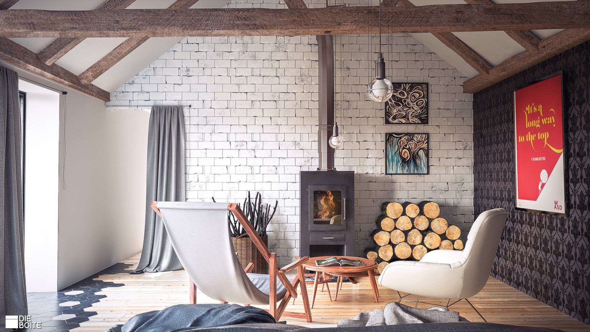 Cozy bohemian master bedroom interior with Grey Speckle removable wall