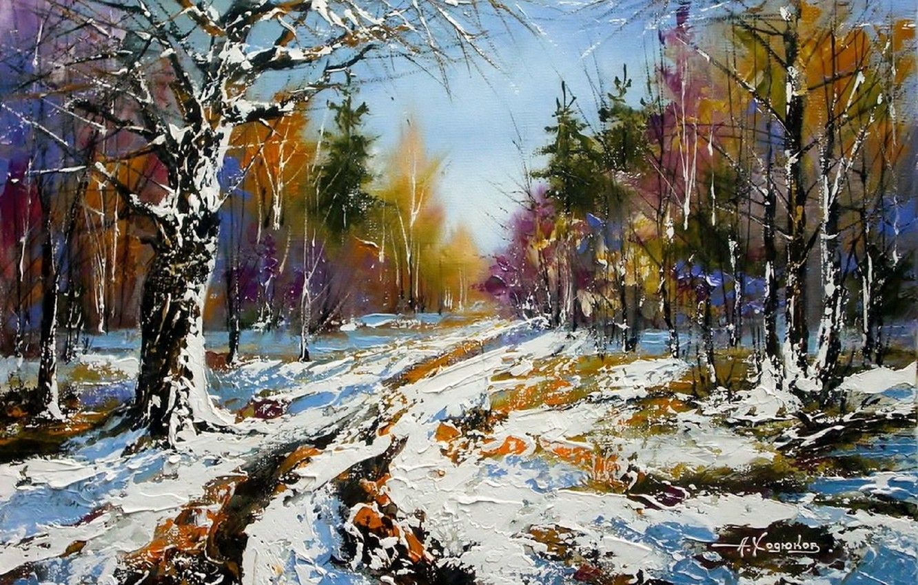 Wallpaper winter, road, autumn, forest, snow, landscape, picture, spring, painting, Khodukov, spatula image for desktop, section живопись