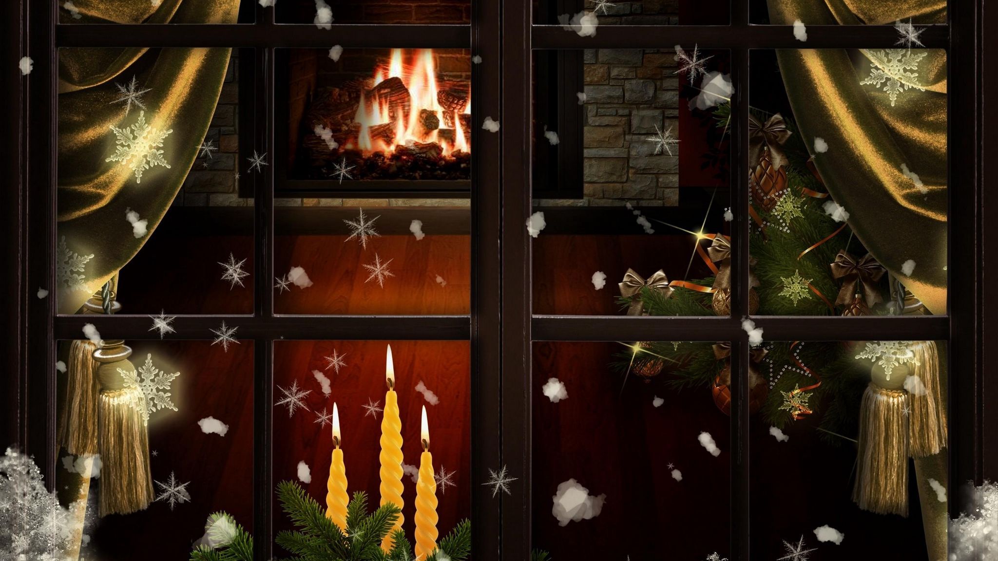 Download wallpaper 2048x1152 window, fireplace, candles, christmas tree, cozy, christmas ultrawide monitor HD background