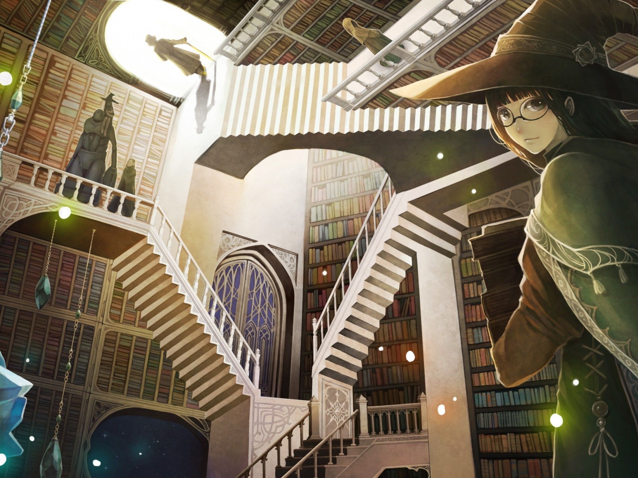 Download 2048x1536 Witch, Library, Anime Girl, Fantasy, Stairs, Books Wallpaper for Ainol Novo 9 Spark