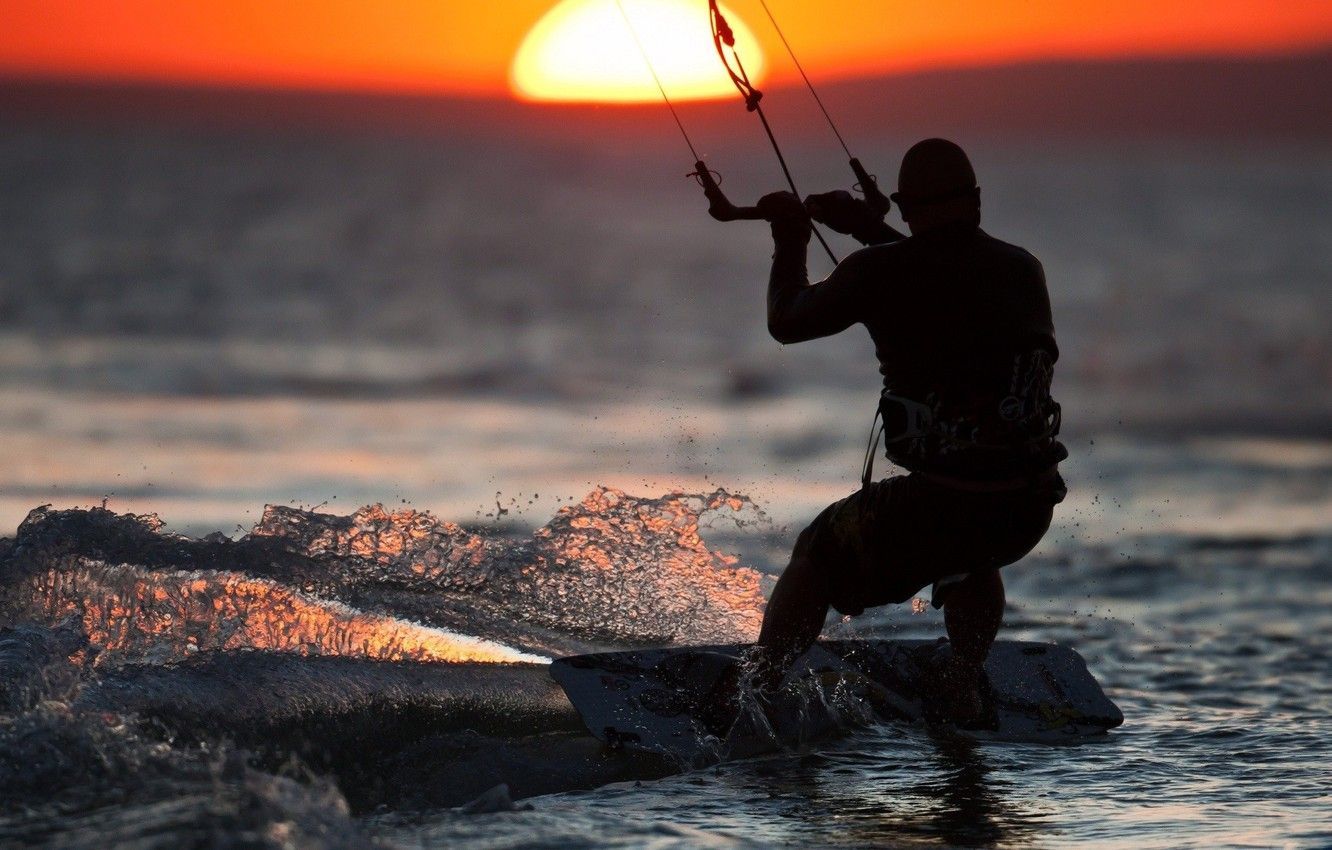 Wallpaper sport, sea, sunset, sun, man, Kitesurf image for desktop, section спорт