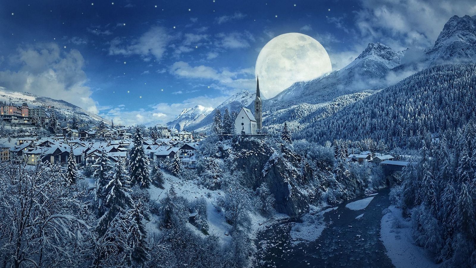 Winter Night Snow Mountains and Moon HD Wallpaper
