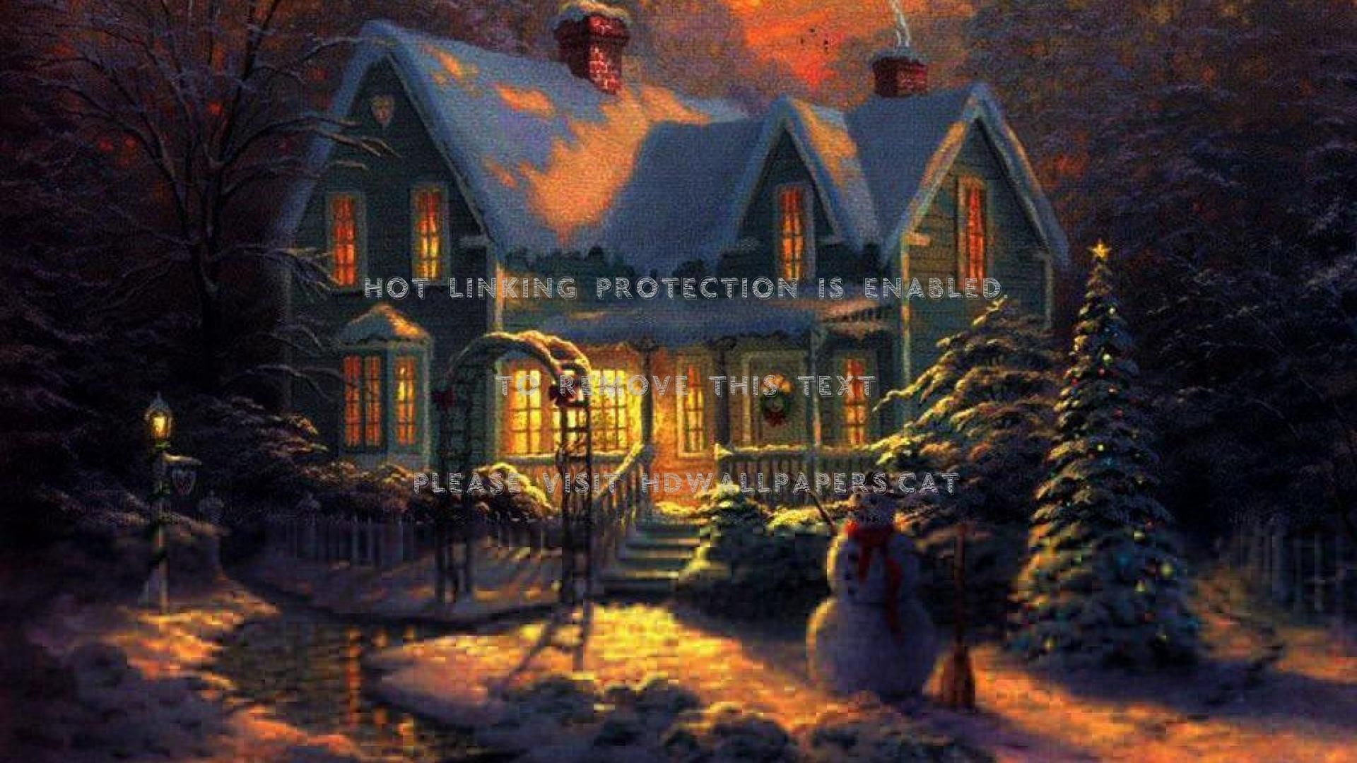 christmas cottage holiday night painting 3D