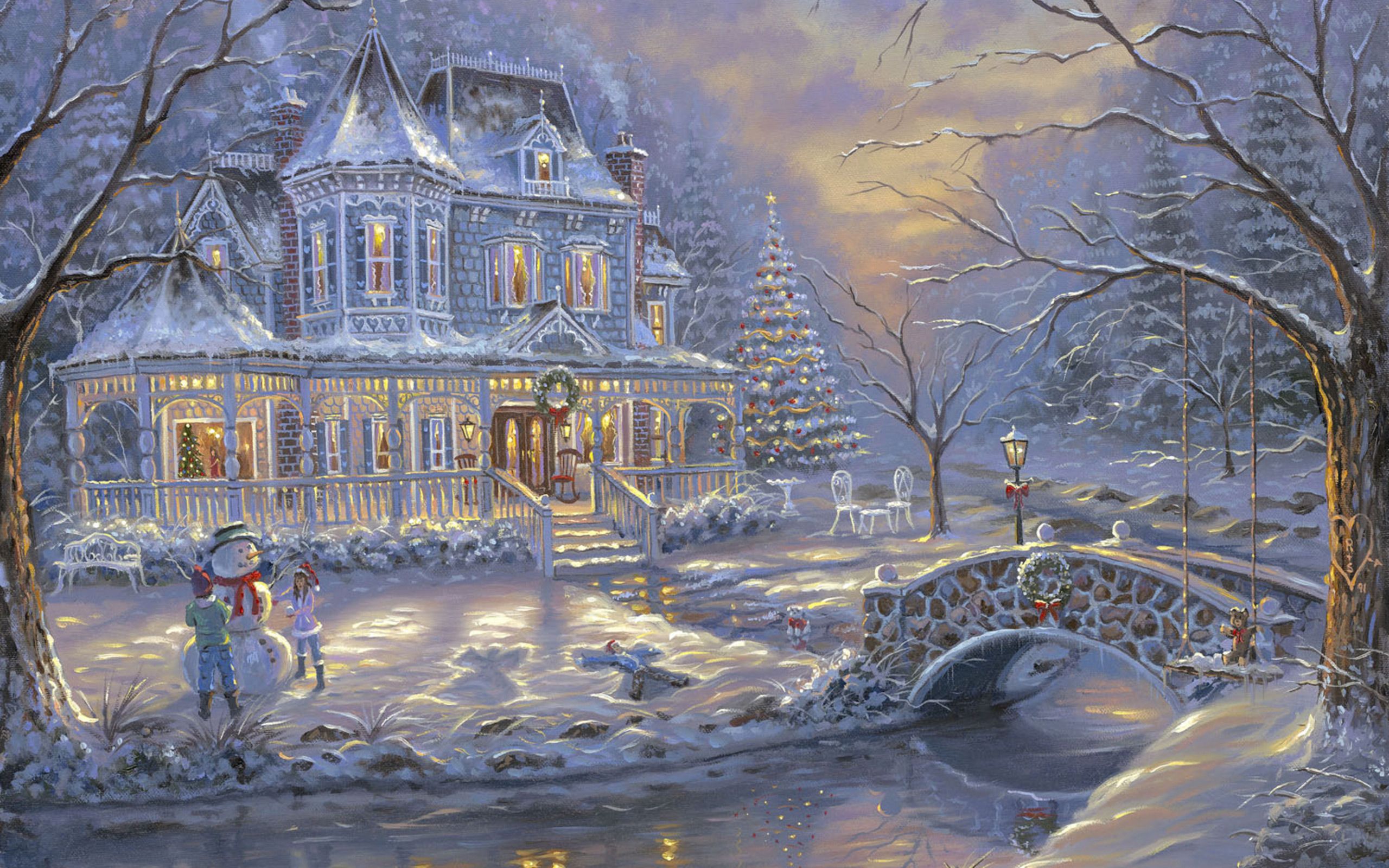 Christmas House With Snowman Painting Background Quality Image And Transparent PNG Free Clipart