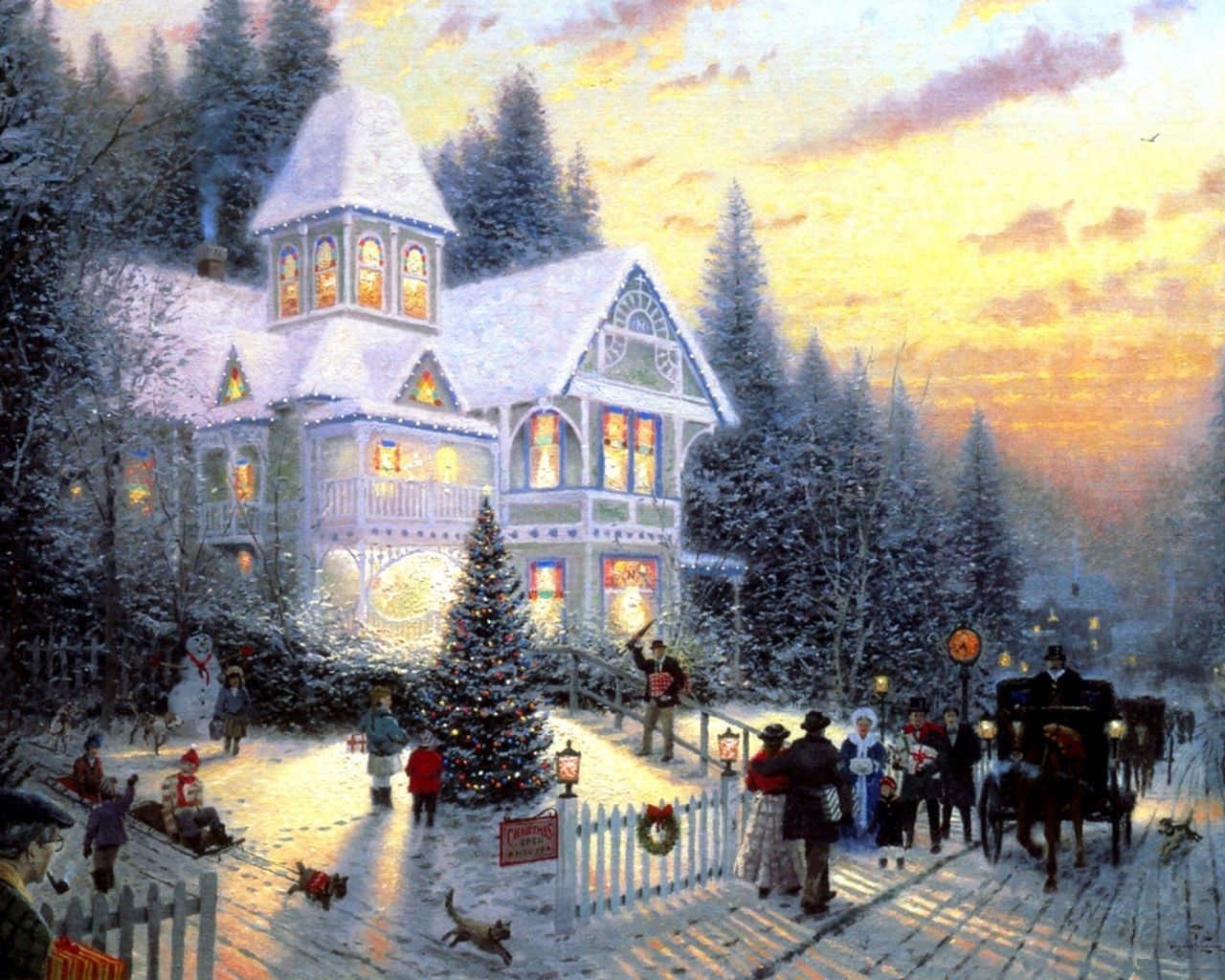 new year, thomas kinkade, christmas tree, christmas, cottage, victorian christmas desktop wallpaper 31080
