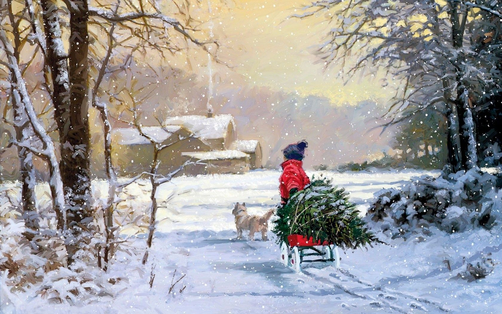 children, Artwork, Snow, Winter, Painting, Cottage, Pet, Christmas, Holiday Wallpaper HD / Desktop and Mobile Background