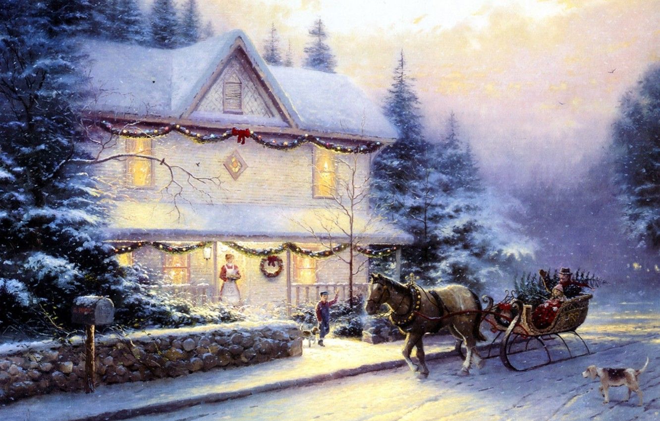 Wallpaper road, people, horse, the fence, dog, picture, ate, wagon, tree, sleigh, painting, Christmas, cottage, stone, embellished, Holiday image for desktop, section живопись