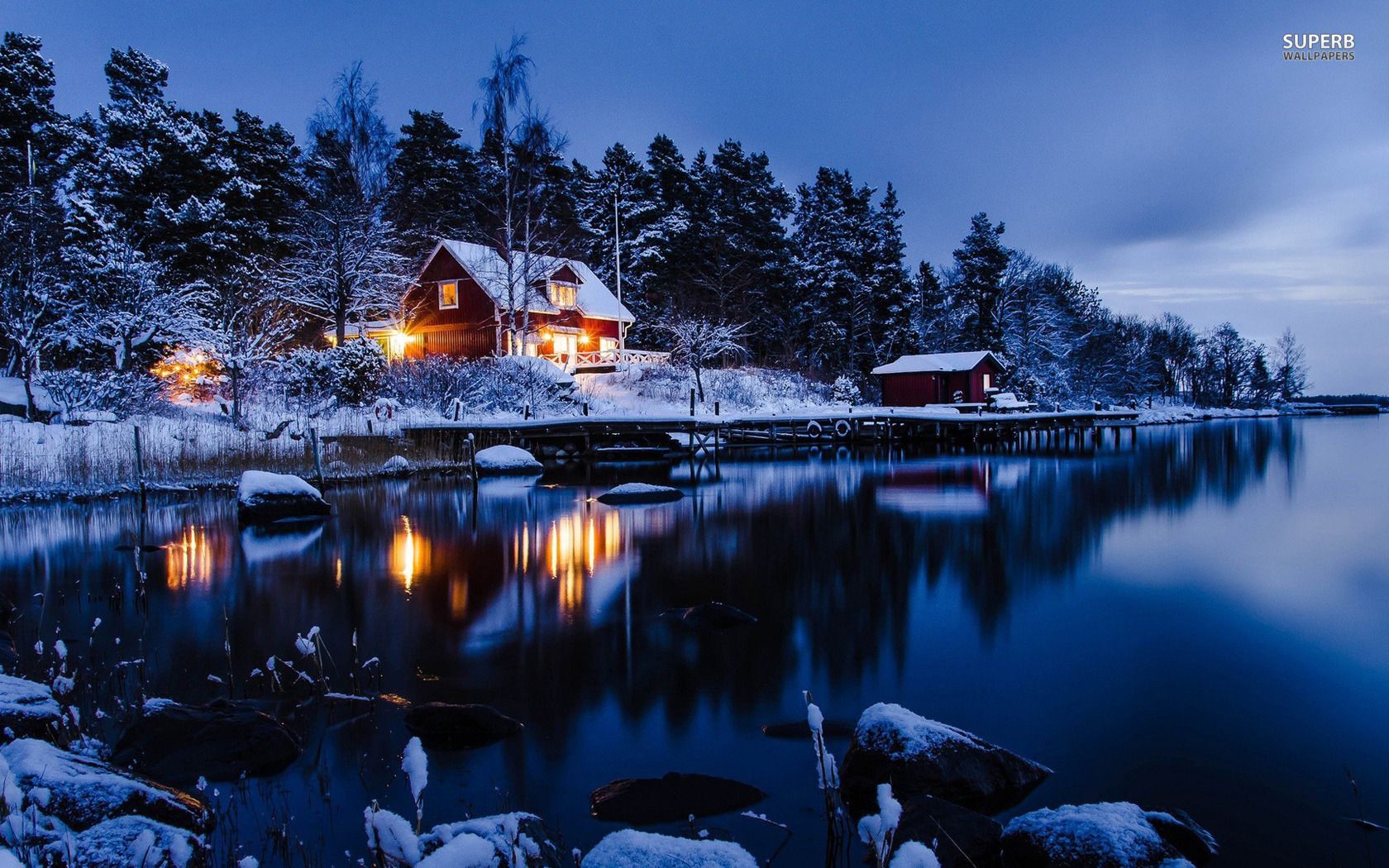Lakeside winter cabin wallpaper. Winter cabin, Winter landscape, Landscape wallpaper