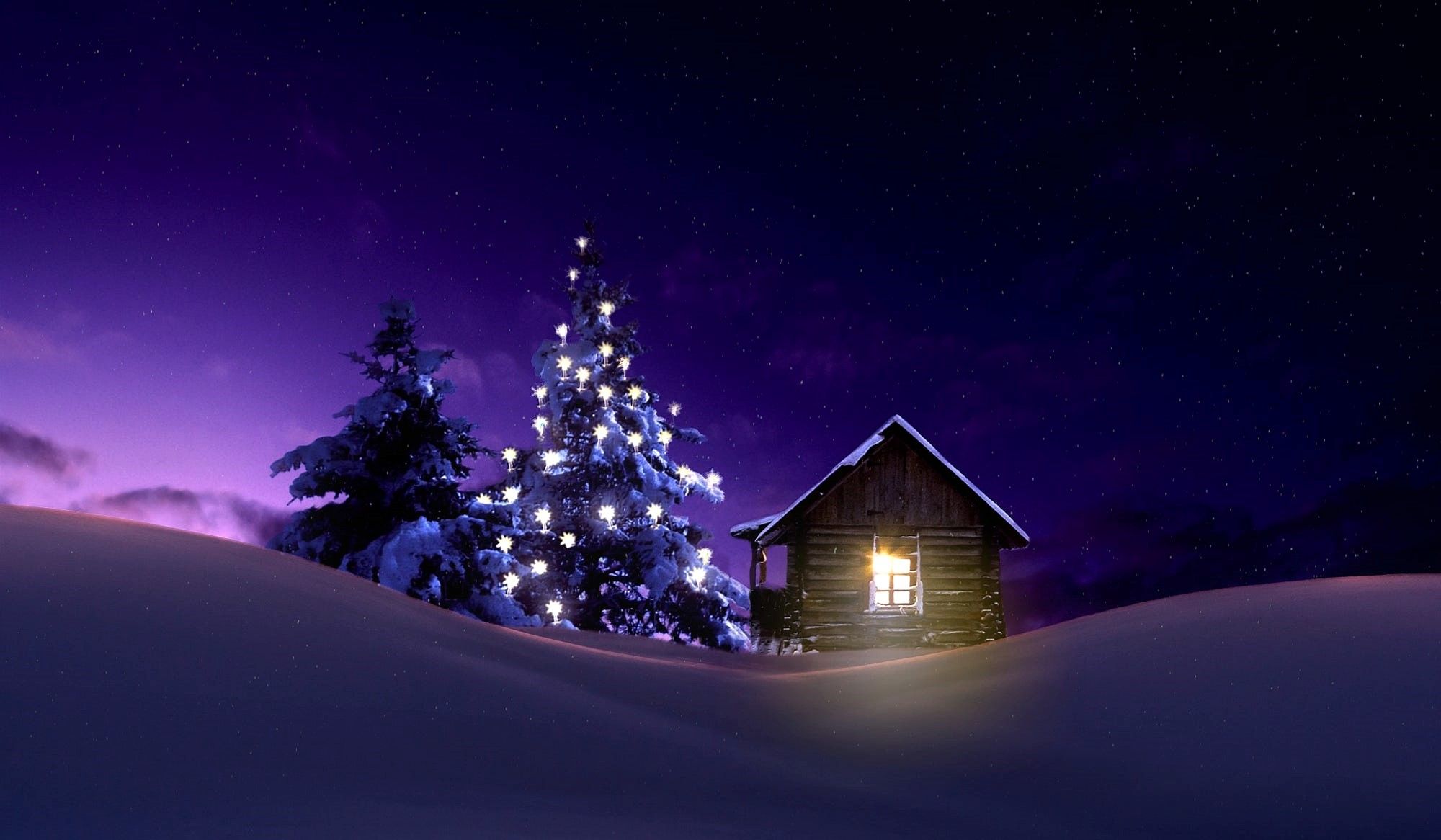 Christmas Lighted Tree Outside Winter Cabin Wallpaper, HD Holidays 4K Wallpaper, Image, Photo and Background