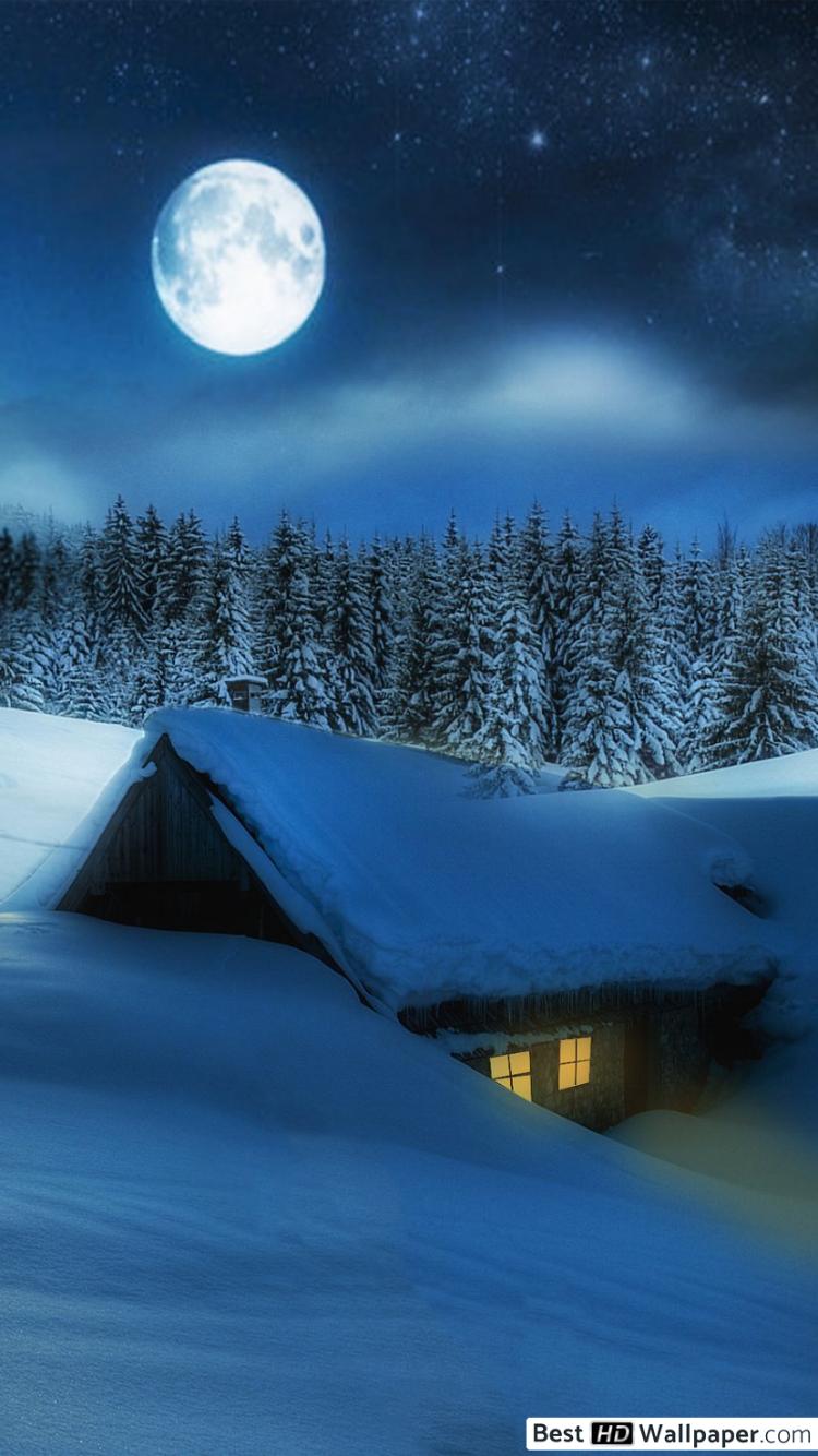 Full moon over winter cabin HD wallpaper download