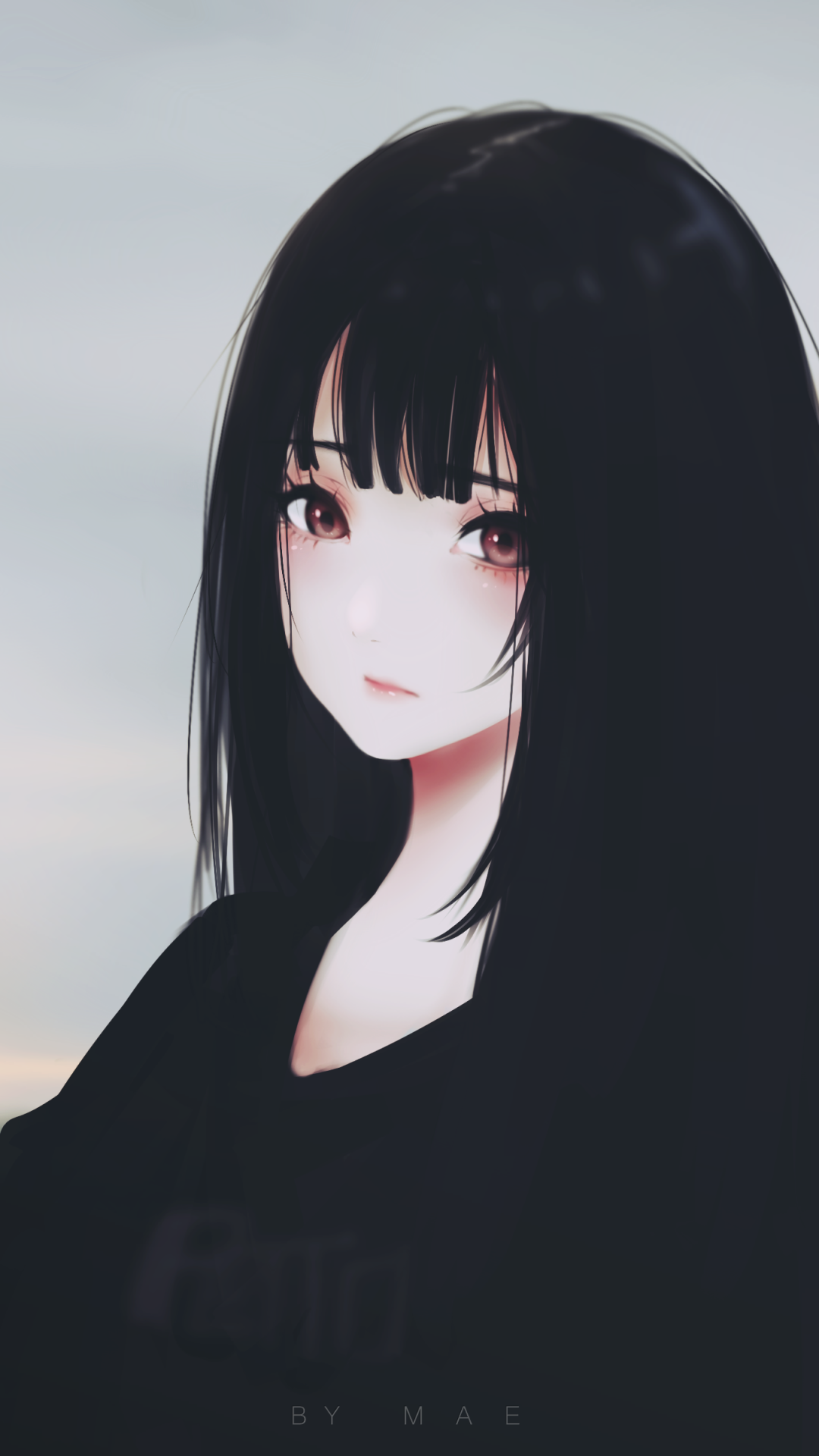 Anime Girl, Black Hair, Sad Expression, Semi Realistic Anime Girl Face