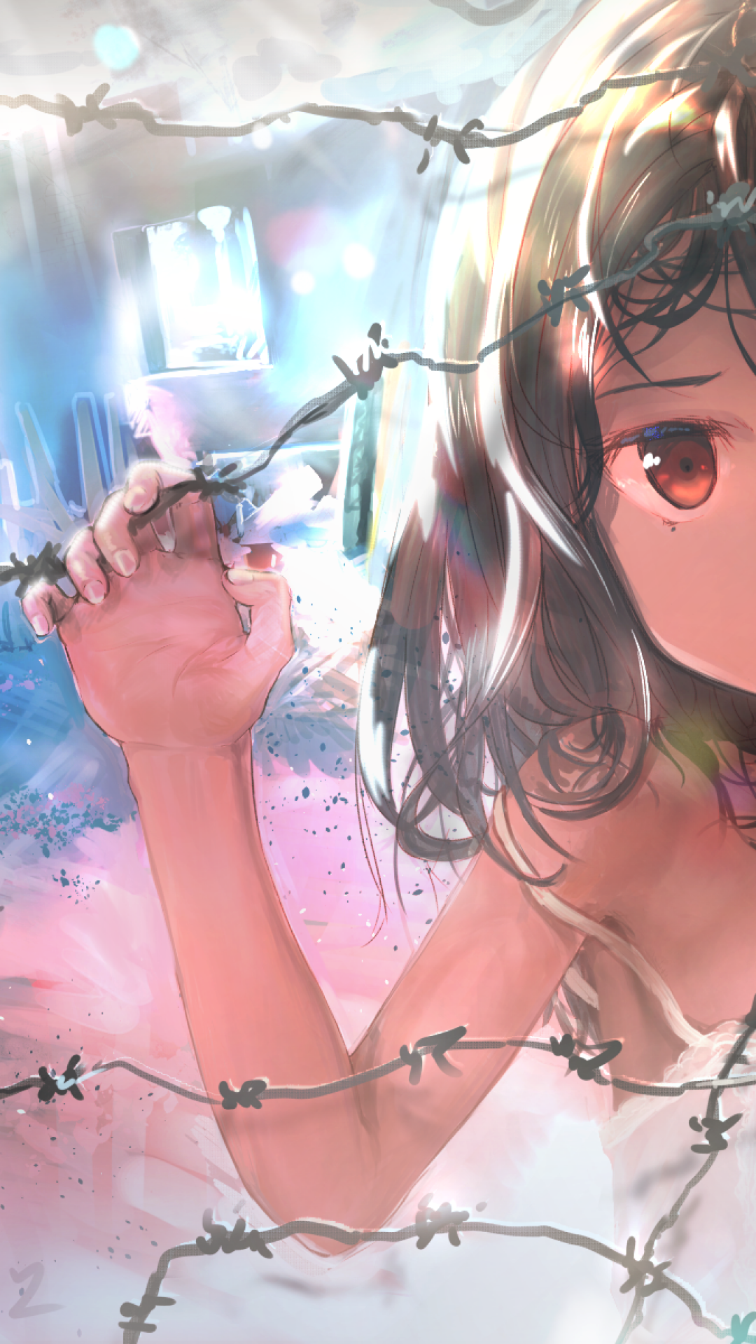 Download 1080x1920 Anime Girl, Fence, Sad Face, Poor Wallpaper for iPhone 8, iPhone 7 Plus, iPhone 6+, Sony Xperia Z, HTC One